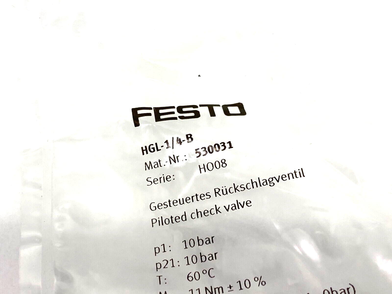 Festo HGL-1/4-B Piloted Non-Return Check Valve 530031 - Maverick Industrial Sales