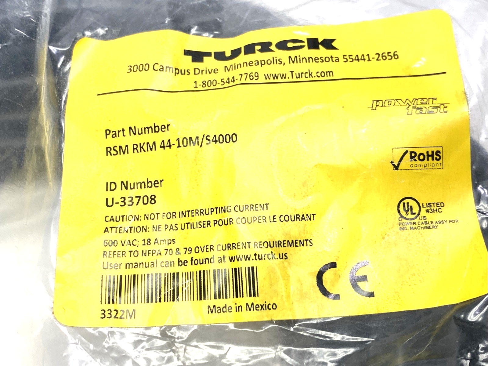 Turck RSM RKM 44-10M/S4000 Cordset 7/8"-16 Male To Female 4-Pin 10m U-33708 - Maverick Industrial Sales