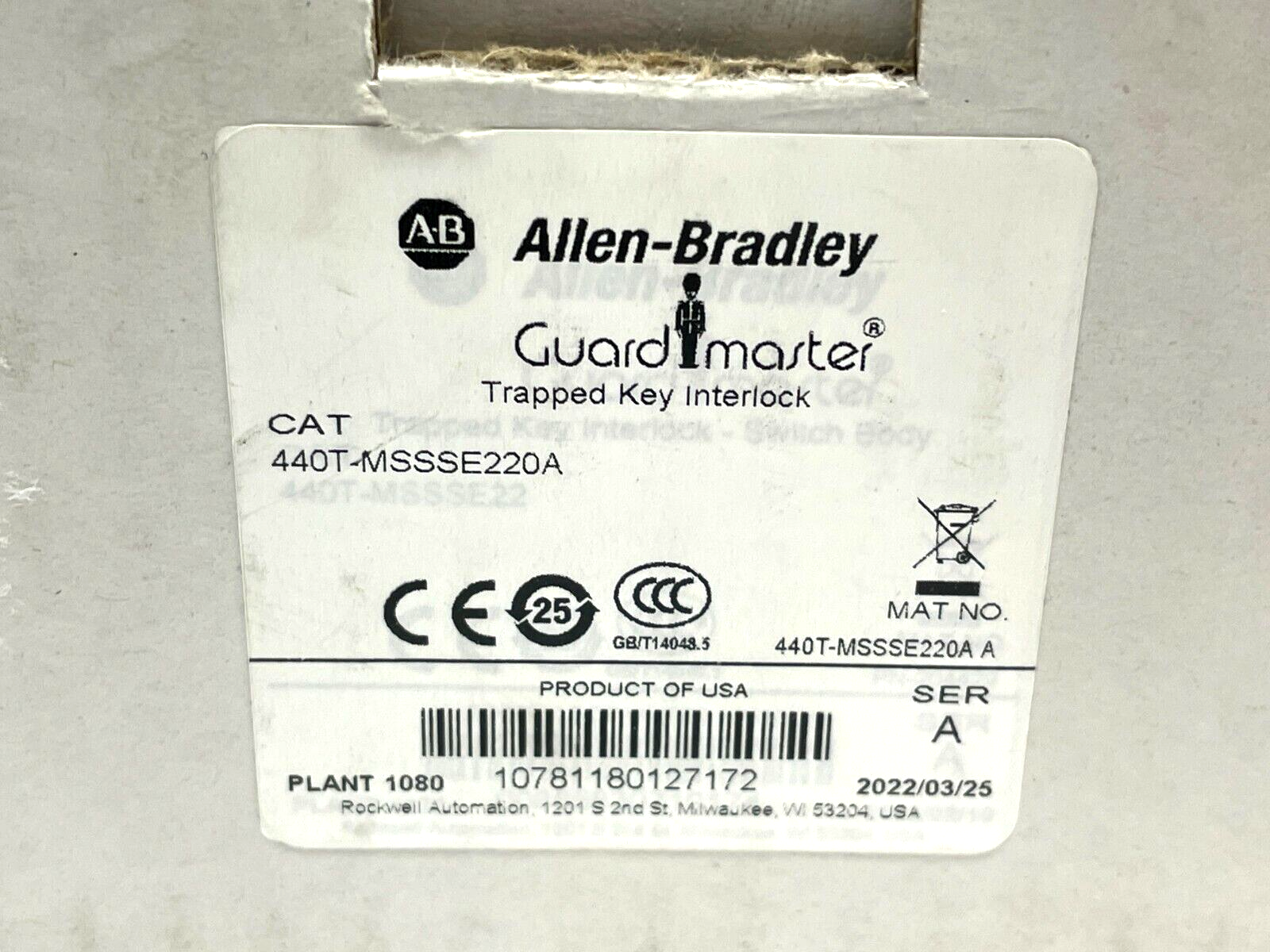 440T-MSSSE220A | Allen Bradley Ser. A Guardmaster Trapped Key Mechanical Interlock - New – Open box - Maverick Industrial Sales