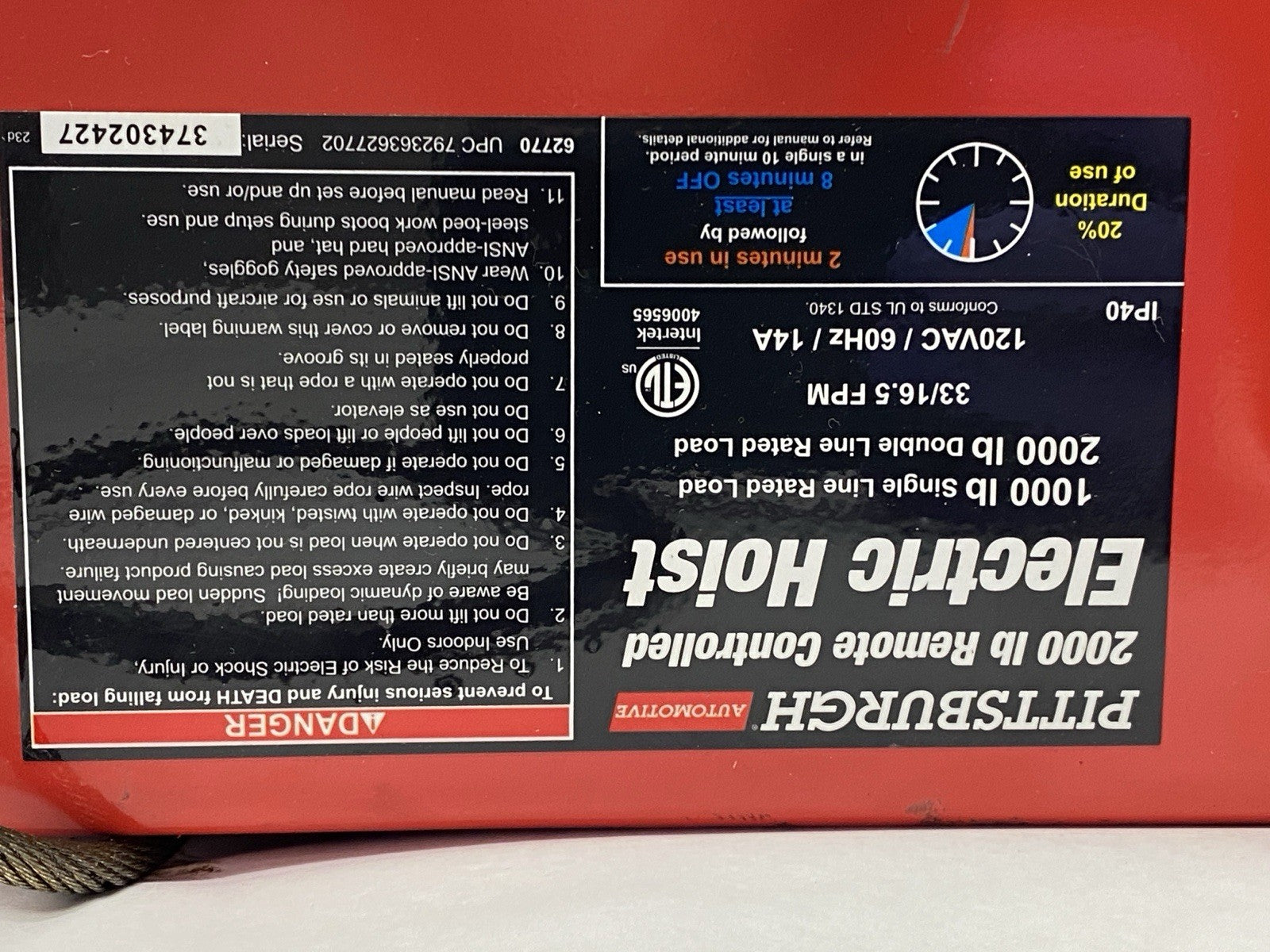 Pittsburgh 2000 lb Remote Controlled Electric Hoist - Maverick Industrial Sales