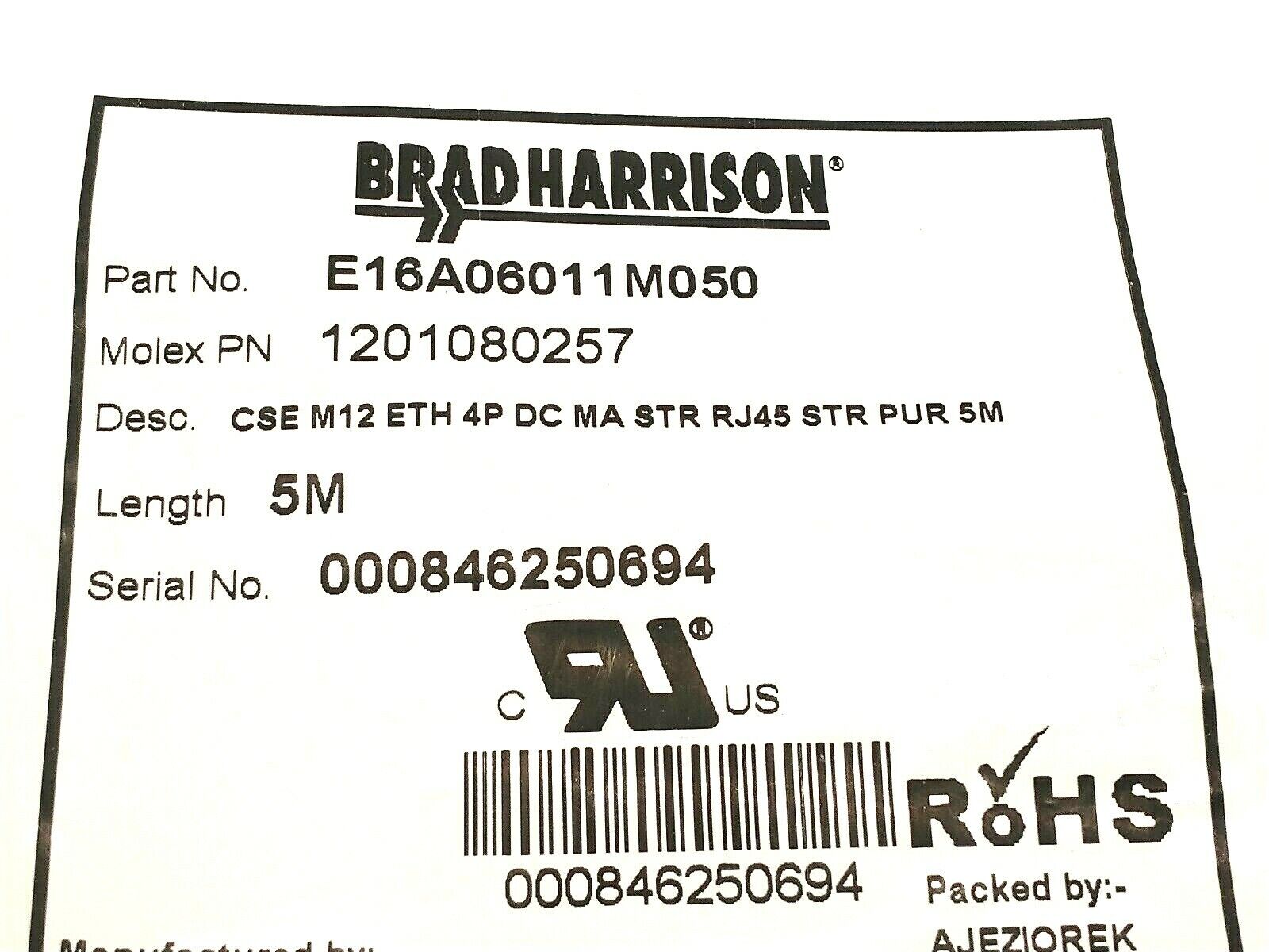 Woodhead Brad Harrison E16A06011M050 M12 To RJ-45 Crimp Lock Cable Assembly 5m - Maverick Industrial Sales
