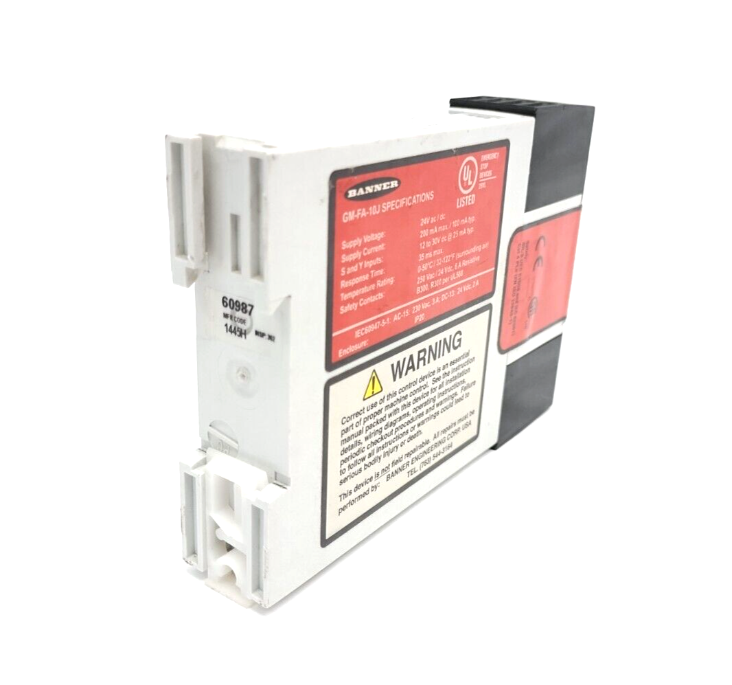 GM-FA-10J,60987 | Banner GM-FA-10J ES Series E-Stop Guard Monitoring Safety Relay 24V 6A 60987 - Used - Maverick Industrial Sales
