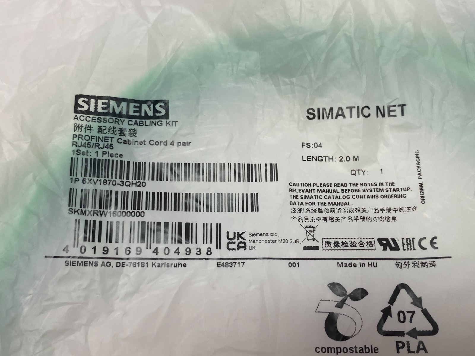 Siemens 6XV1870-3QH20 PROFINET Ethernet TP Cordset RJ45 to RJ45 CAT6A 2m - Maverick Industrial Sales