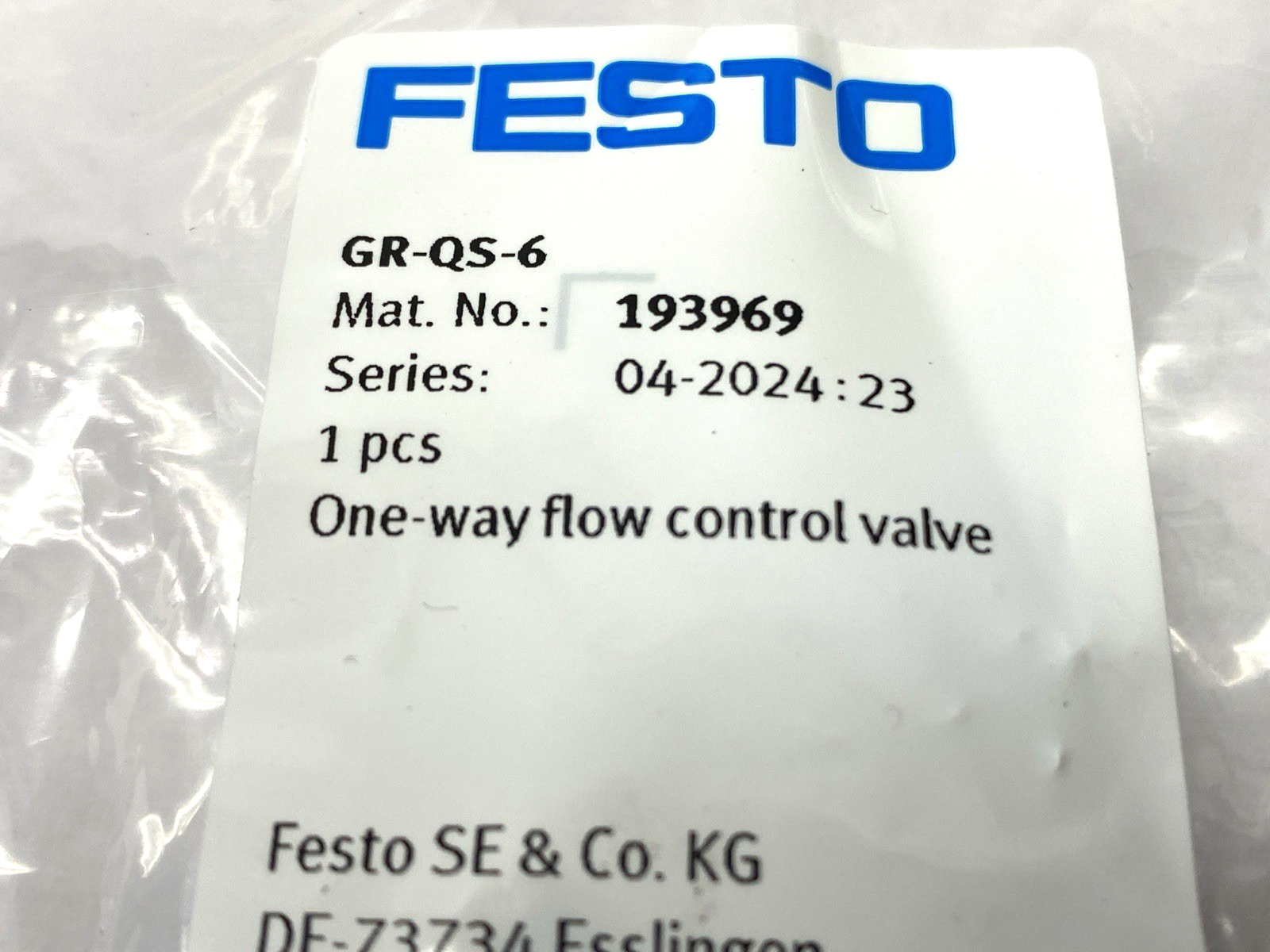 Festo QR-QS-6 One-Way Flow Control Valve 193969 LOT OF 2 - Maverick Industrial Sales