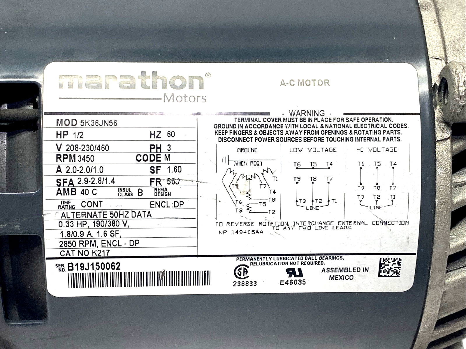 Marathon 5K36JN56 Pump Motor 1/2HP 208-230/460V 3PH, Code M, 3450rpm, K217 - Used - Maverick Industrial Sales