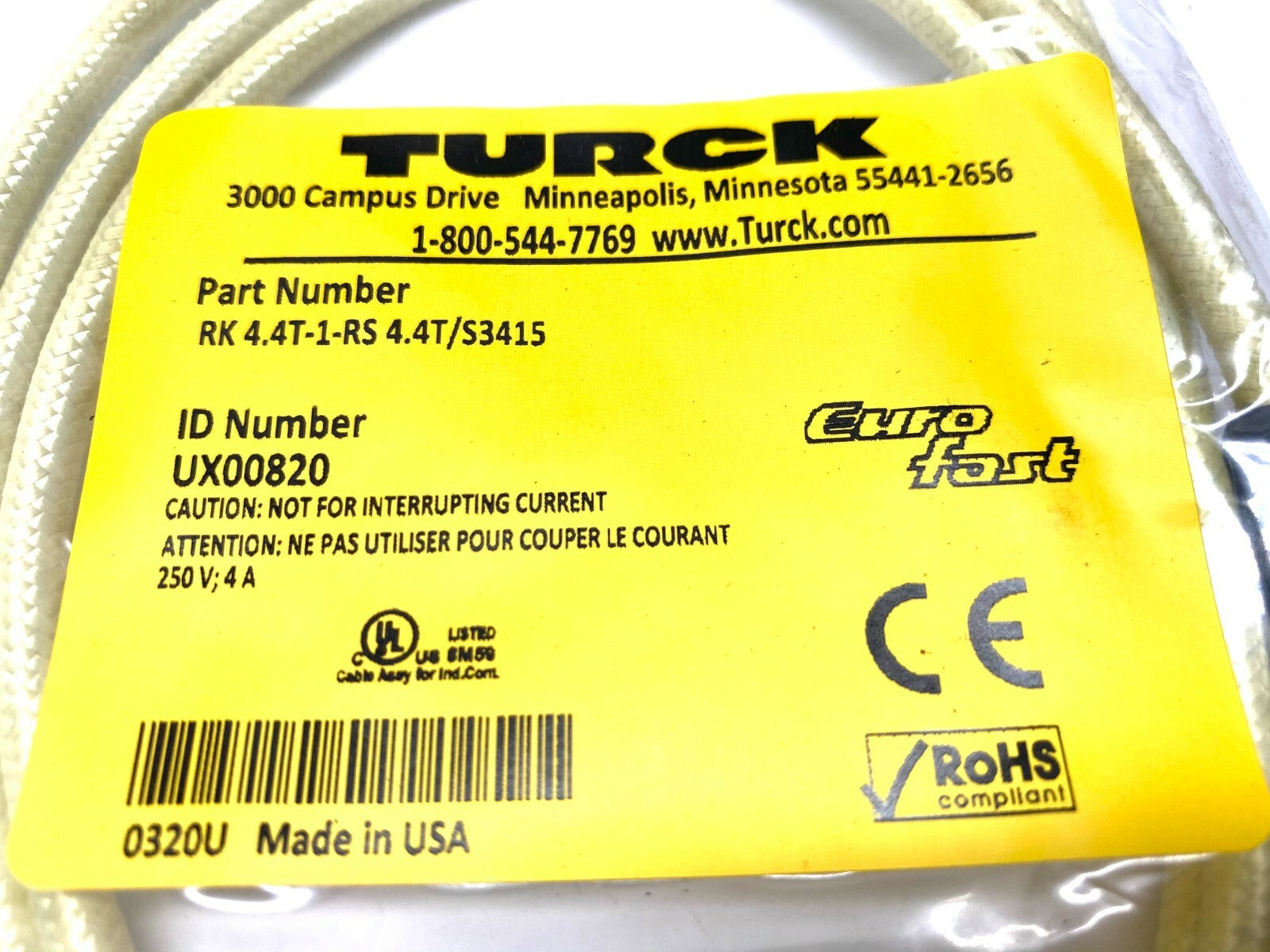 Turck RK 4.4T-1-RS 4.4T/S3415 Eurofast Cordset UX00820 - Maverick Industrial Sales