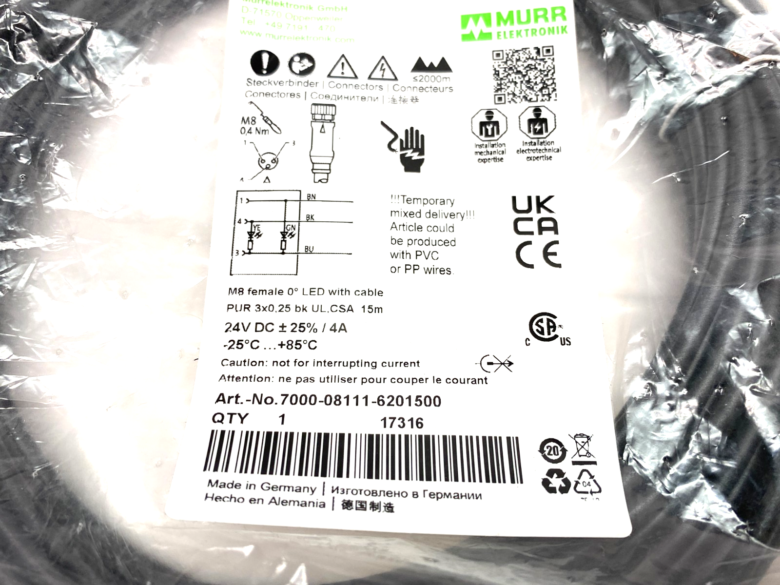 Murrelektronik 7000-08111-6201500 Single Ended M8 Female Cordset 0° A-cod. LED - Maverick Industrial Sales