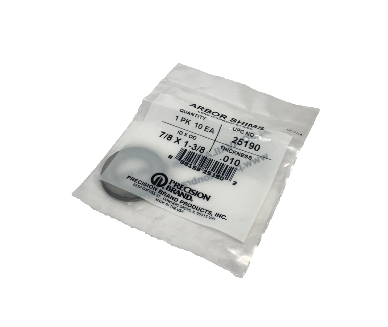 Precision Brand 25190 Steel Arbor Shims 7/8" ID x 1-3/8" OD, 0.010" Thick 10-PK - Maverick Industrial Sales
