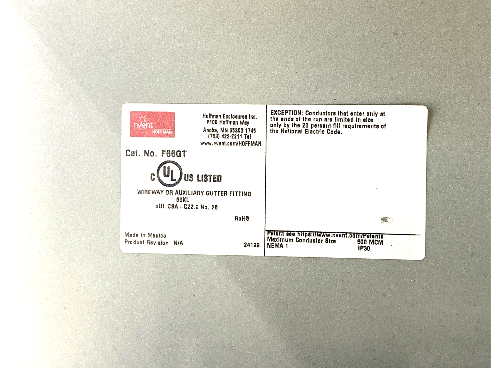 Hoffman F66GT Flush Tee 90-Degree 6.00" x 6.00" Light Gray - Maverick Industrial Sales