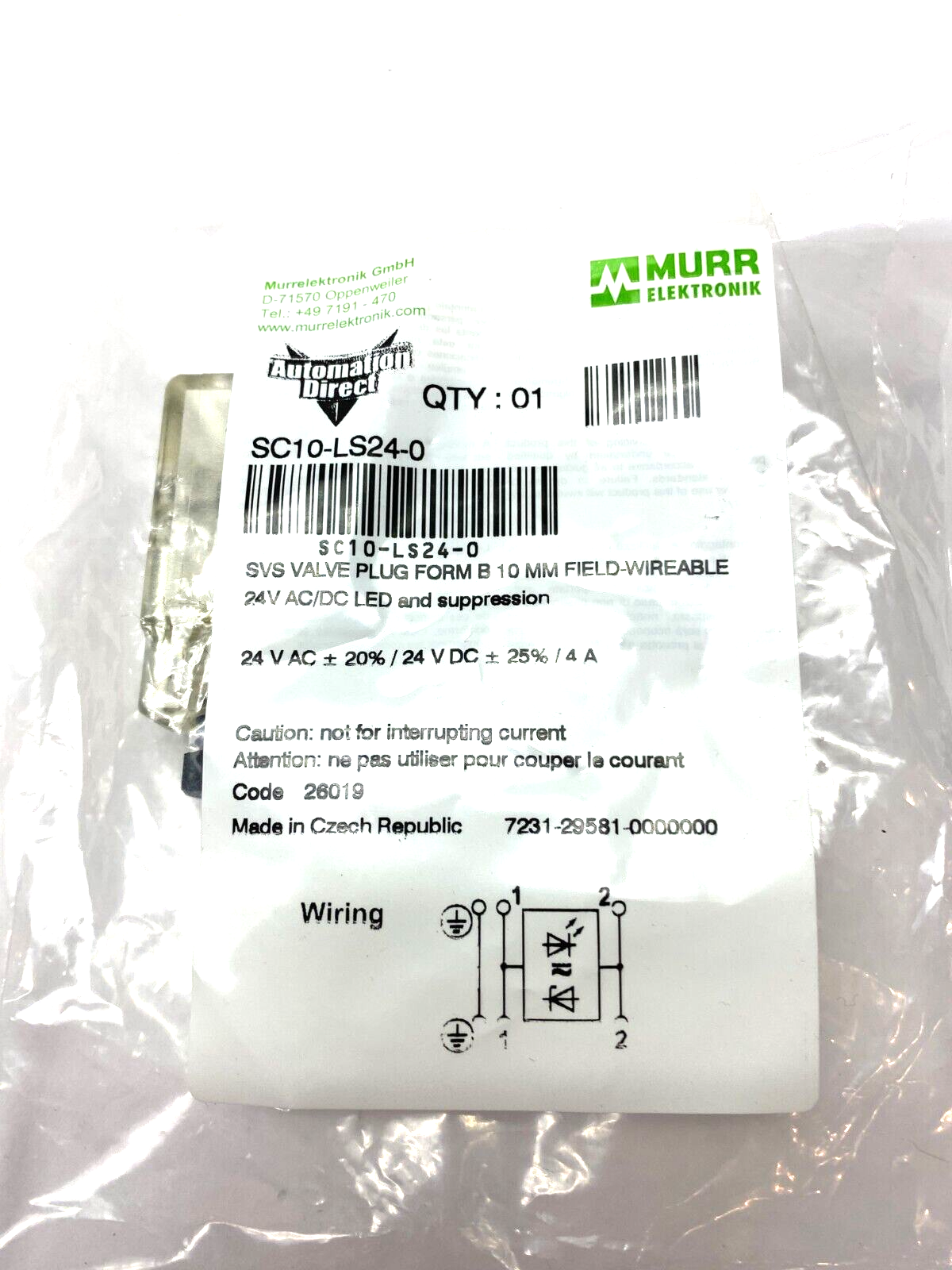 Murrelektronik Automation Direct SC10-LS24-0 Valve Plug SVS Form B 10mm - Maverick Industrial Sales
