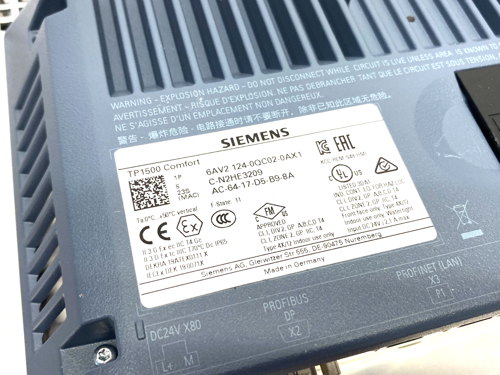 Siemens 6AV2124-0QC02-0AX1 SIMATIC HMI TP1500 Comfort Panel, 15" SMALL SCUFFS - Maverick Industrial Sales