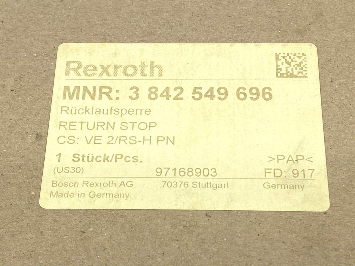 3842549696, VE 2/RS-H PN | Bosch Rexroth 3842549696 Return Stop VE 2/RS-H PN - New – Open box - Maverick Industrial Sales