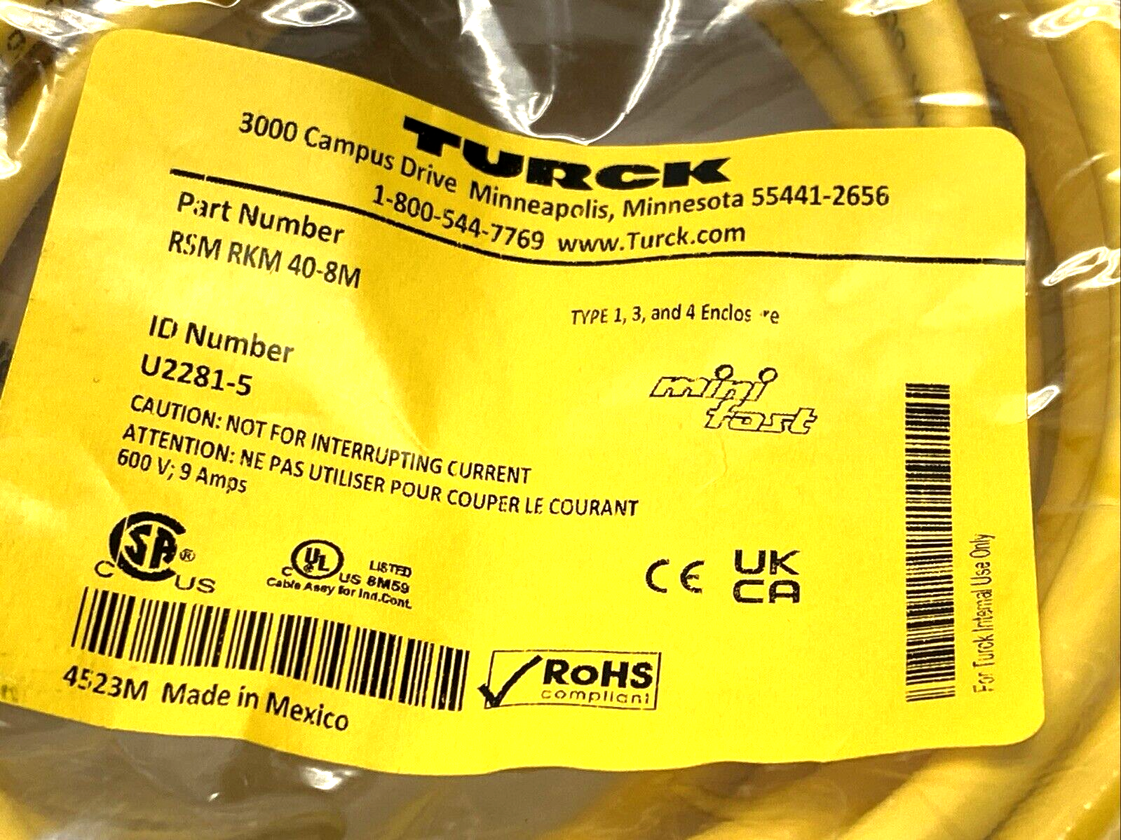 Turck RSM RKM 40-8M Cordset 7/8" 4-Pin Male To Female U2281-5 - Maverick Industrial Sales