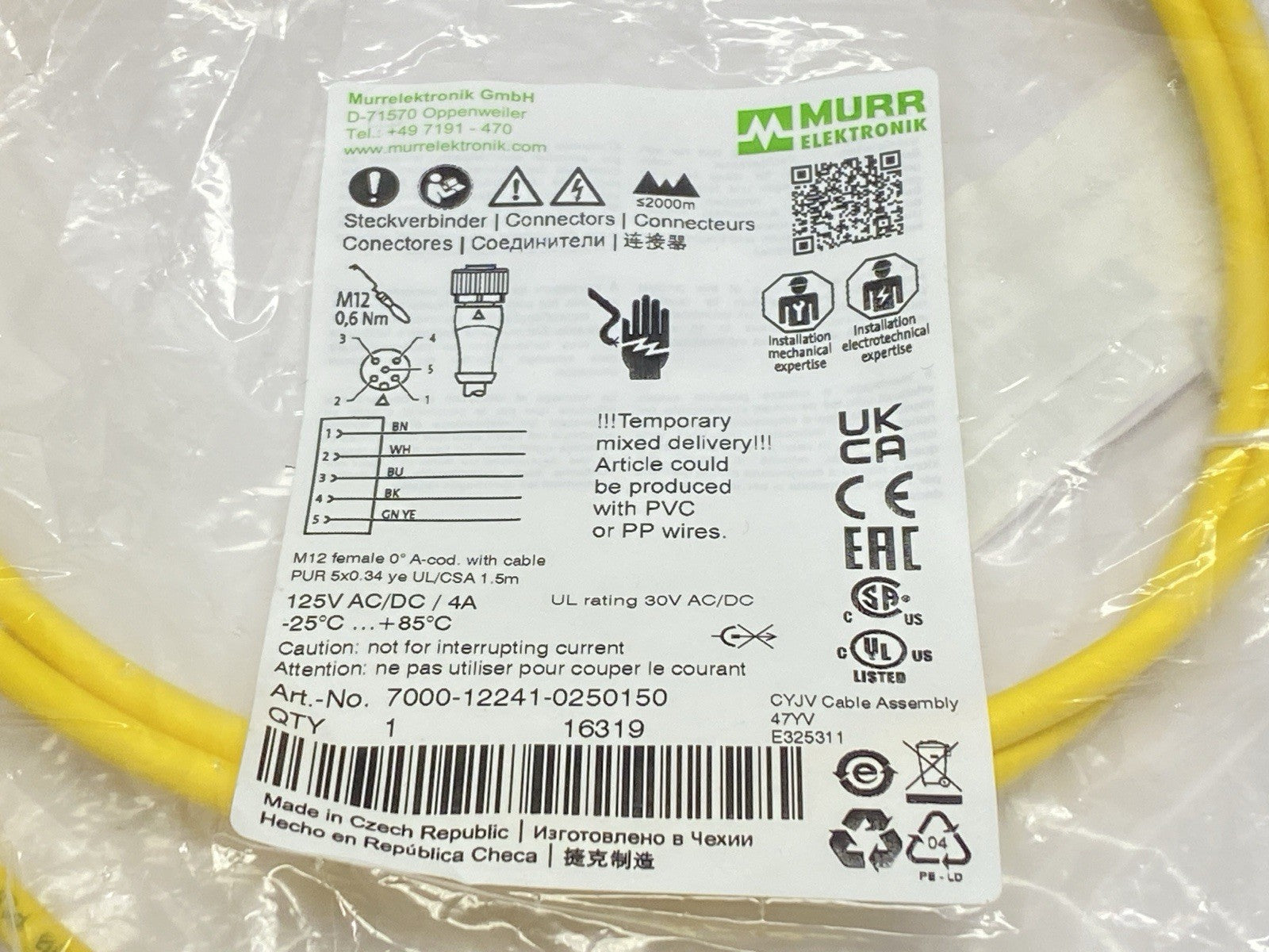 7000-12241-0250150 | Murr Elektronik SIngle Ended Cordset Female M12 5-Pin 1.5m - New - Maverick Industrial Sales
