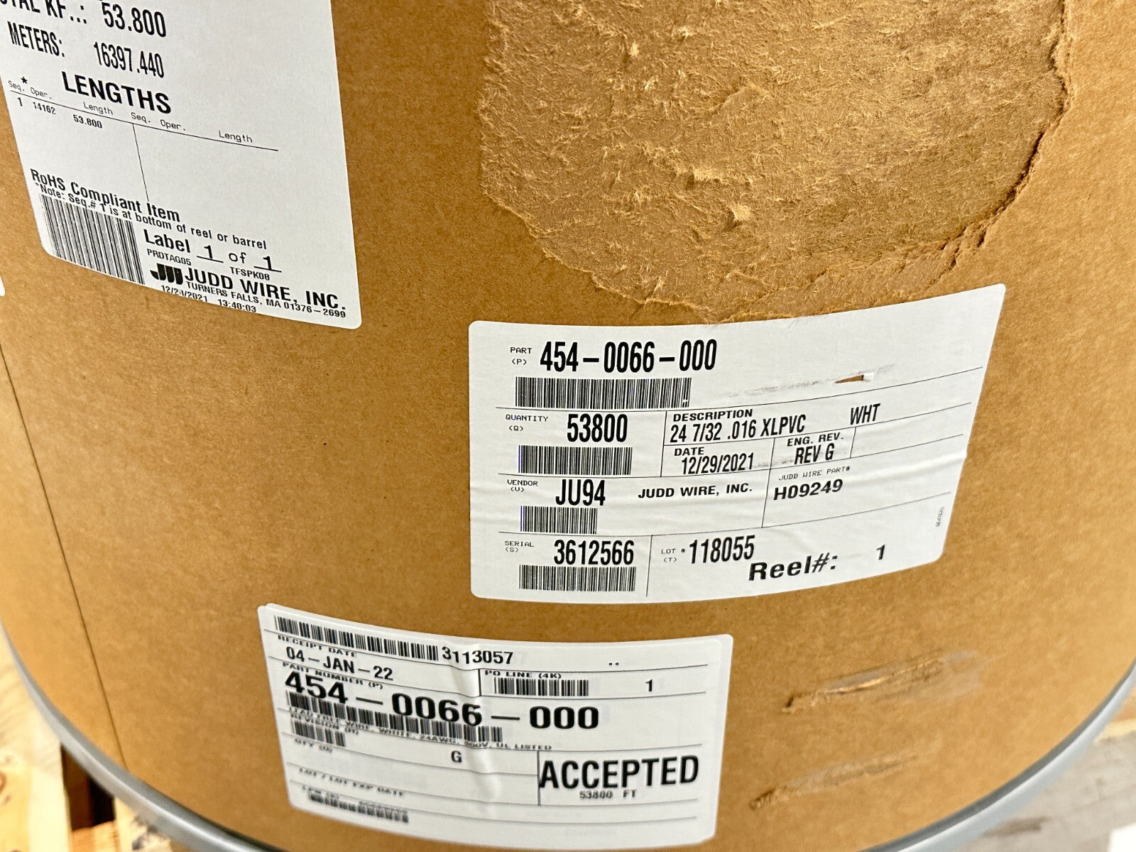 Judd Wire 454-0066-00 Wire White Style 1430 24AWG 300V H09249 53,800ft Roll - Maverick Industrial Sales