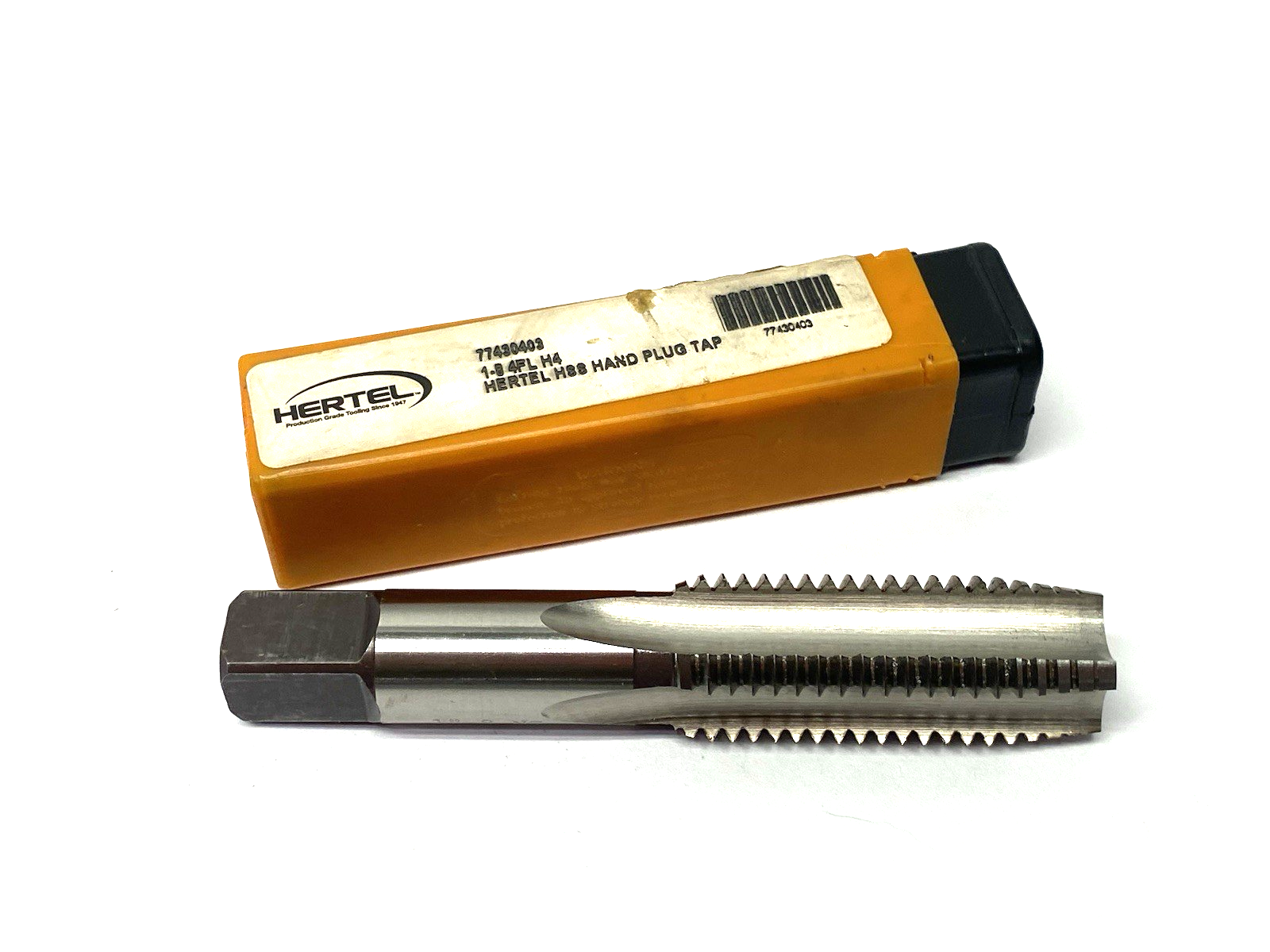 77430403 | Hertel Straight Flute Tap: 1-8 UNC, 4 Flute, Plug Chamfer, 3B Class - New – Open box - Maverick Industrial Sales