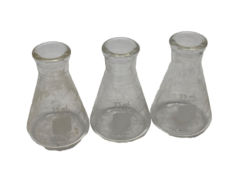 Pyrex 4980-25 25mL Narrow Mouth Erlenmeyer Flasks with Heavy Duty Rim LOT OF 3 - Maverick Industrial Sales