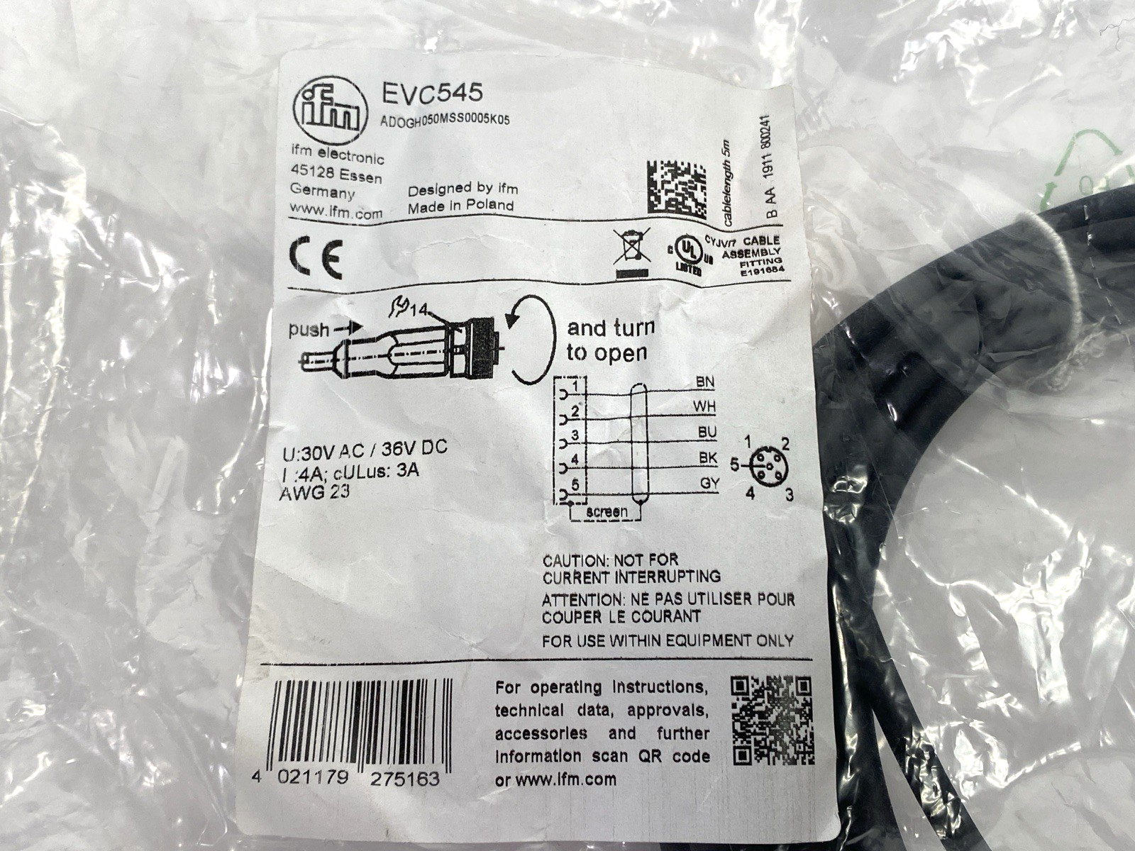 ifm AD0GH050MSS0005K05 Single-Ended Cordset M12 Female Connector 5-Pin 5m EVC545 - Maverick Industrial Sales