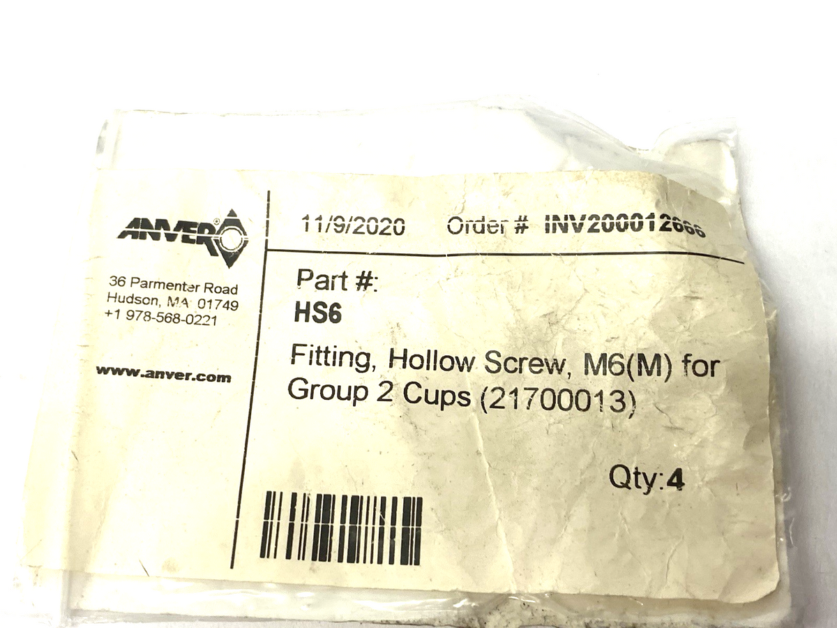 HS6 | Anver Hollow Screw Fitting M6 for Group 2 Cups 4-Pack - New – Open box - Maverick Industrial Sales