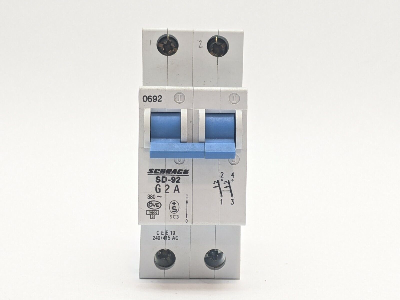 Schrack SD-92-G2A Circuit Breaker 2 Pole 2A Rated 240-415 VAC - Maverick Industrial Sales