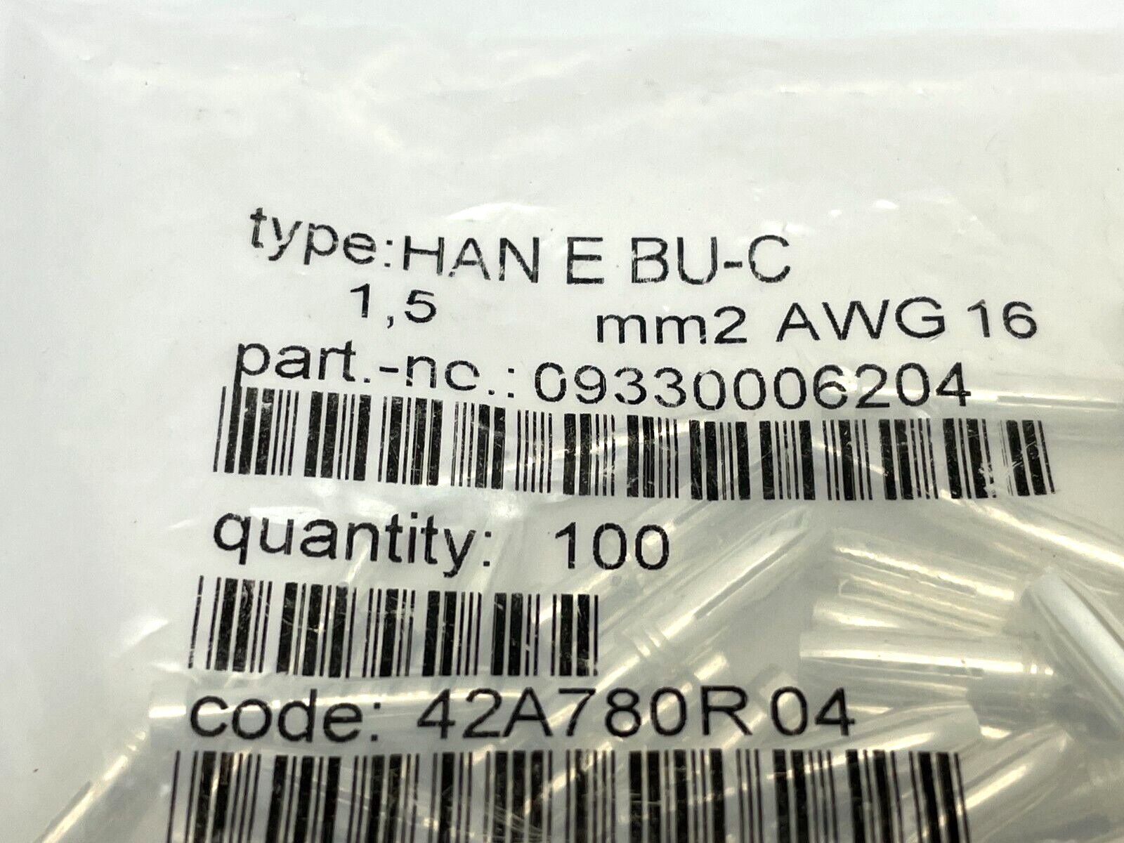 Harting Han E BU-C Crimp Contact Ag 1.5 mm²/ 16 AWG 09 33 000 6204 PKG OF 100 - Maverick Industrial Sales