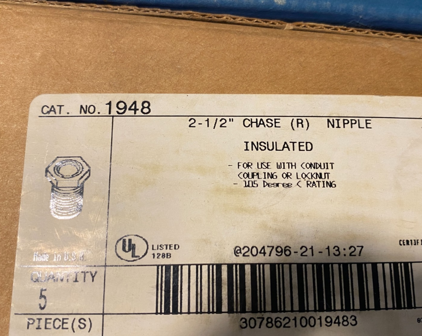 Thomas & Betts 1948 Chase Insulated Conduit Nipple 2-1/2" NO LOCKNUT - New – Open box - Maverick Industrial Sales