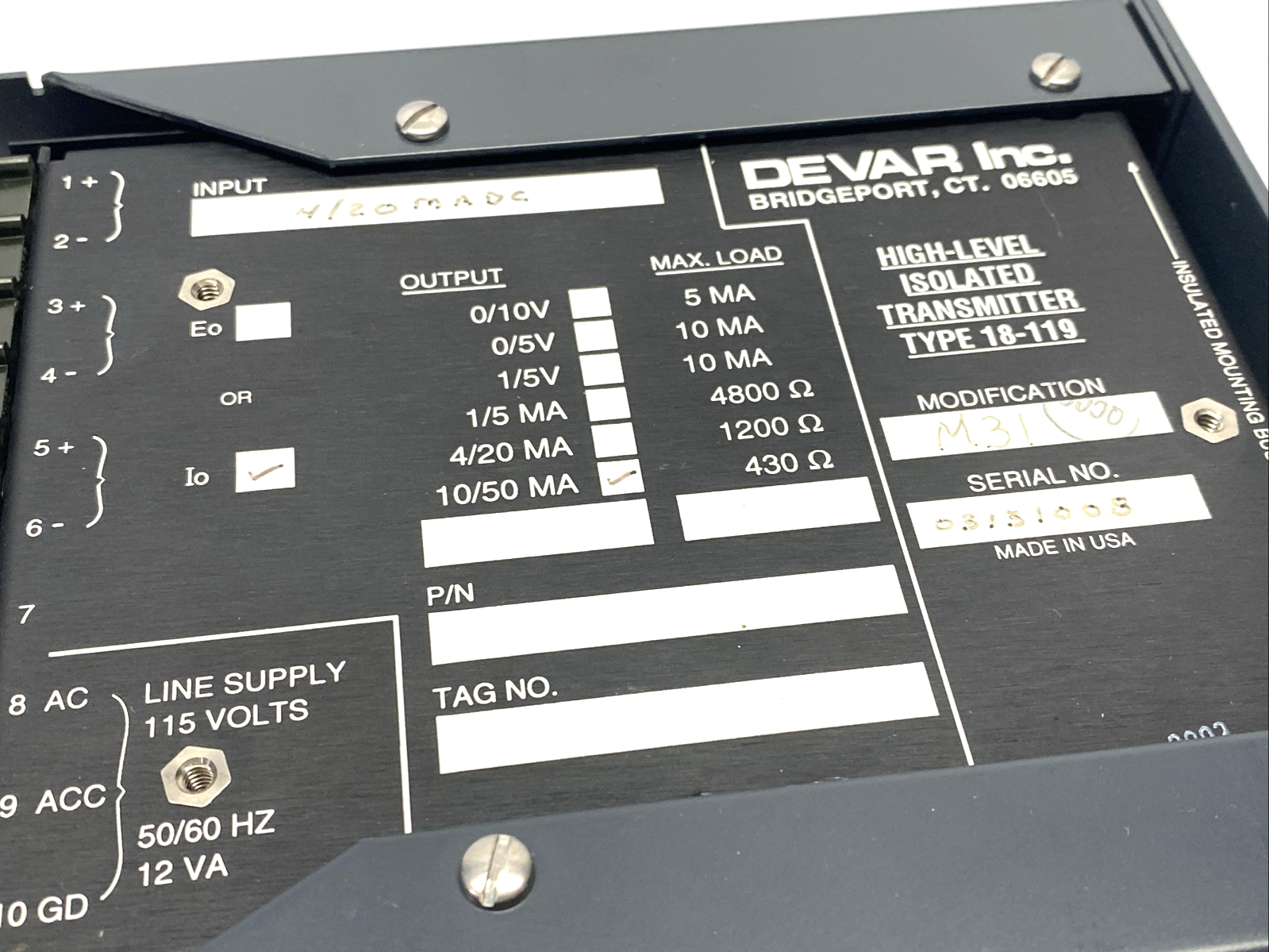 18-119-M31 | Devar Isolated Signal Converter 40/20 mA DC in 10/50 MA Out, Mod. M31 - For parts or not working - Maverick Industrial Sales