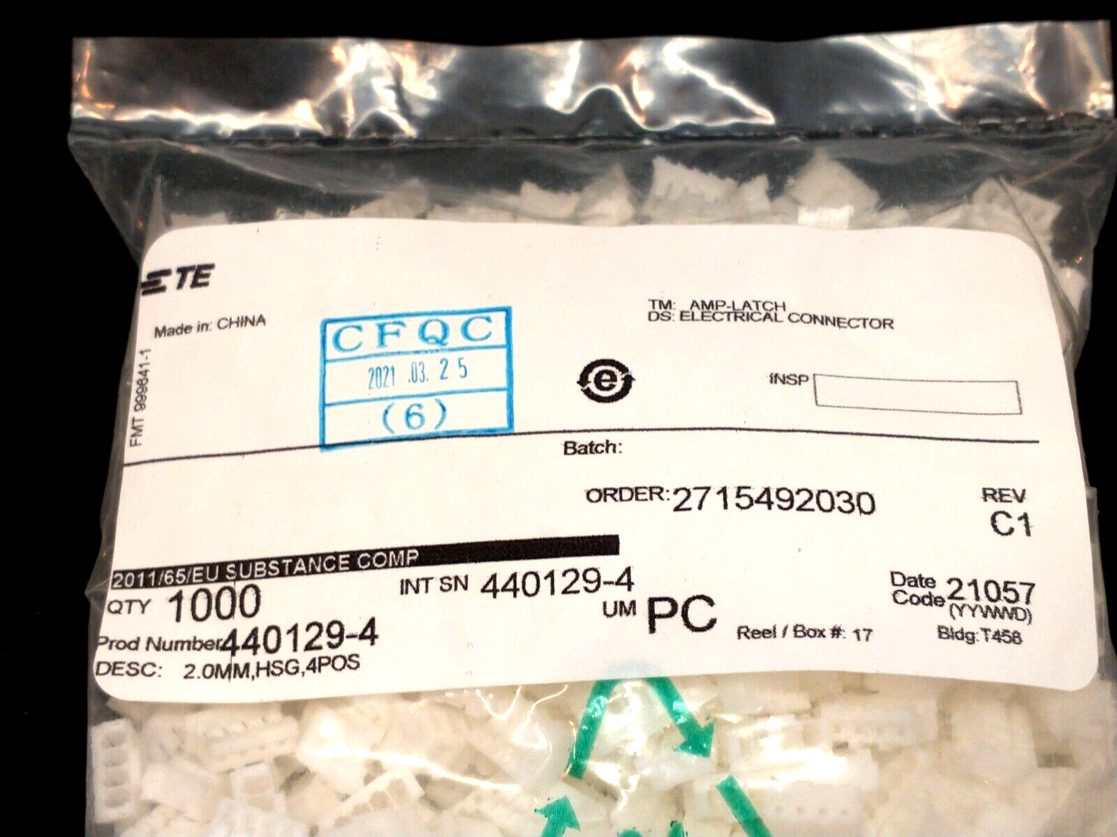 TE Connectivity 440129-4 4-Position Receptacle Header & Wire Housing LOT OF 1000 - Maverick Industrial Sales