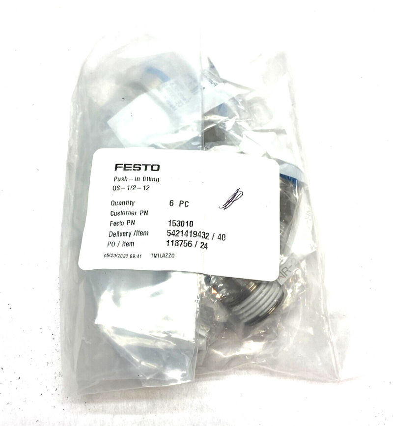 Festo QS-1/2-12 Push-In Fitting Male Thread 12mm OD Tube 153010 PKG OF 6 - Maverick Industrial Sales