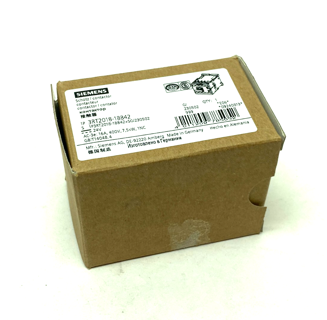 Siemens 3RT2018-1BB42 Sirius Contactor 16A, 400V, 7.5kW, 1NC - Maverick Industrial Sales