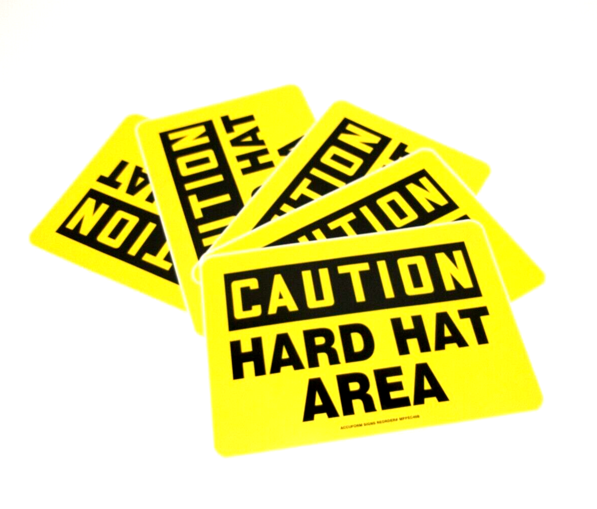 Accuform Signs MPPEC49B CAUTION HARD HAT AREA 10"x7" Adhesive Sign/Decal 5 PACK - Maverick Industrial Sales