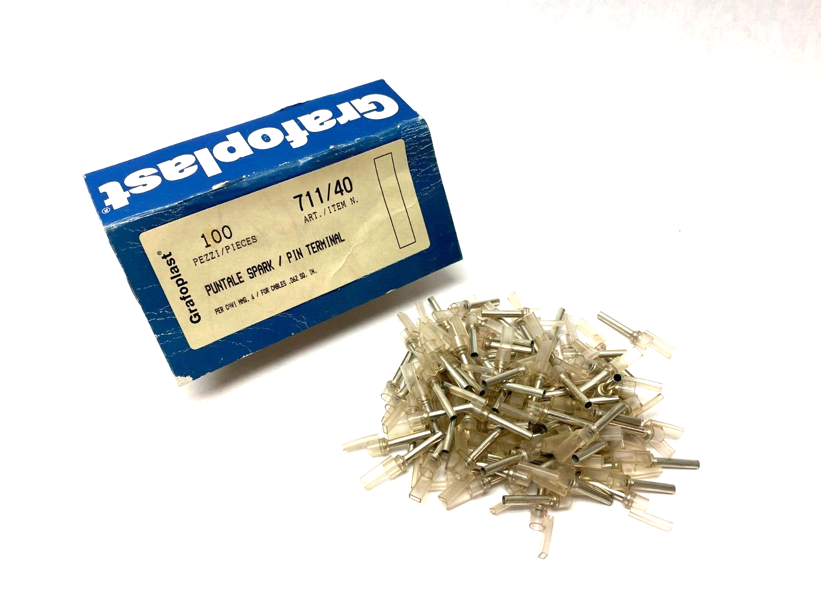 Grafoplast 711/40 17mm Spark Crimp-On Pins for Cable O.D. 4mm OPEN BOX OF 99 - Maverick Industrial Sales