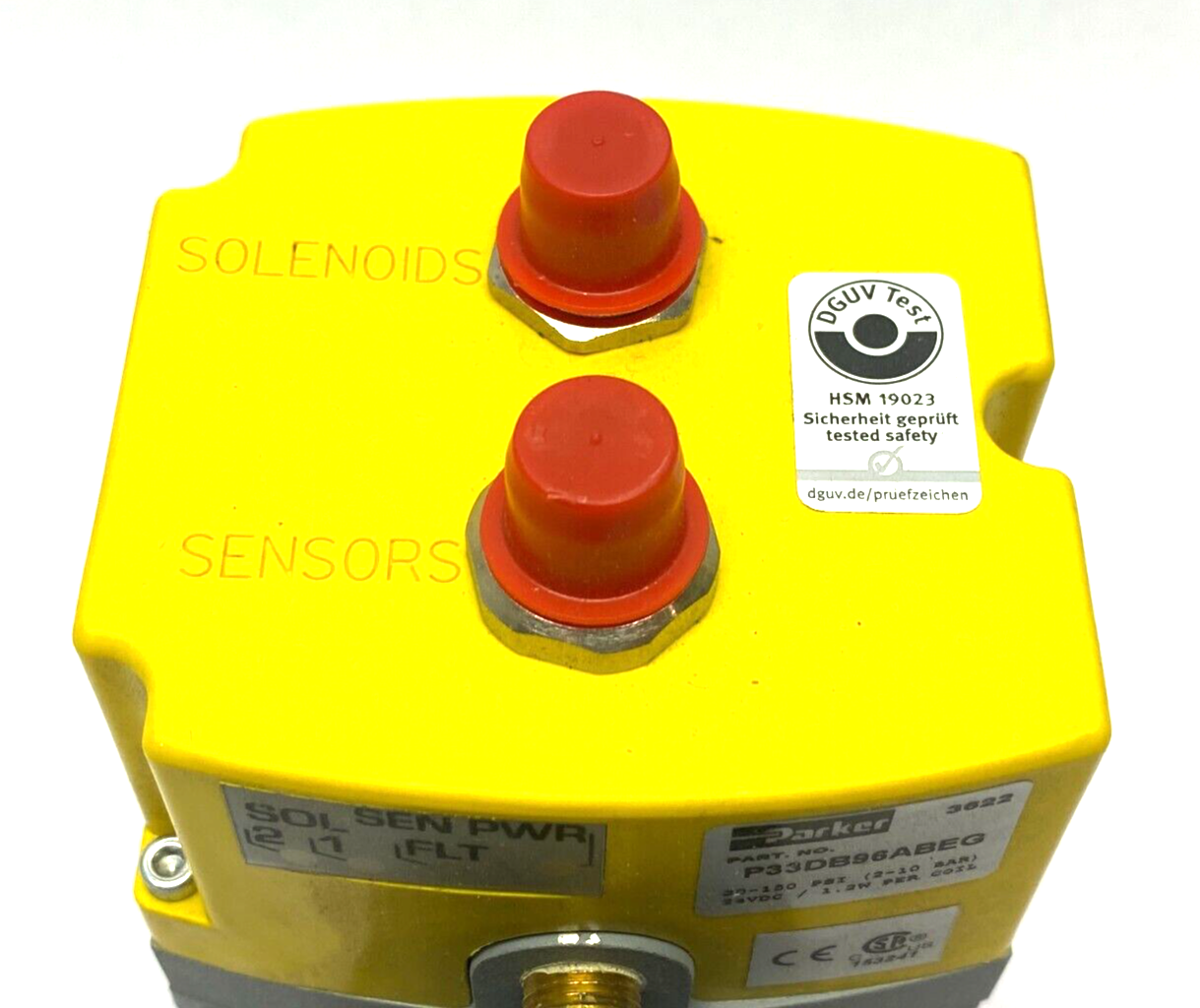 Parker P33DB96ABEG Pneumatic Safety Exhaust 24VDC 30-150psi 1.2W per Coil - Maverick Industrial Sales