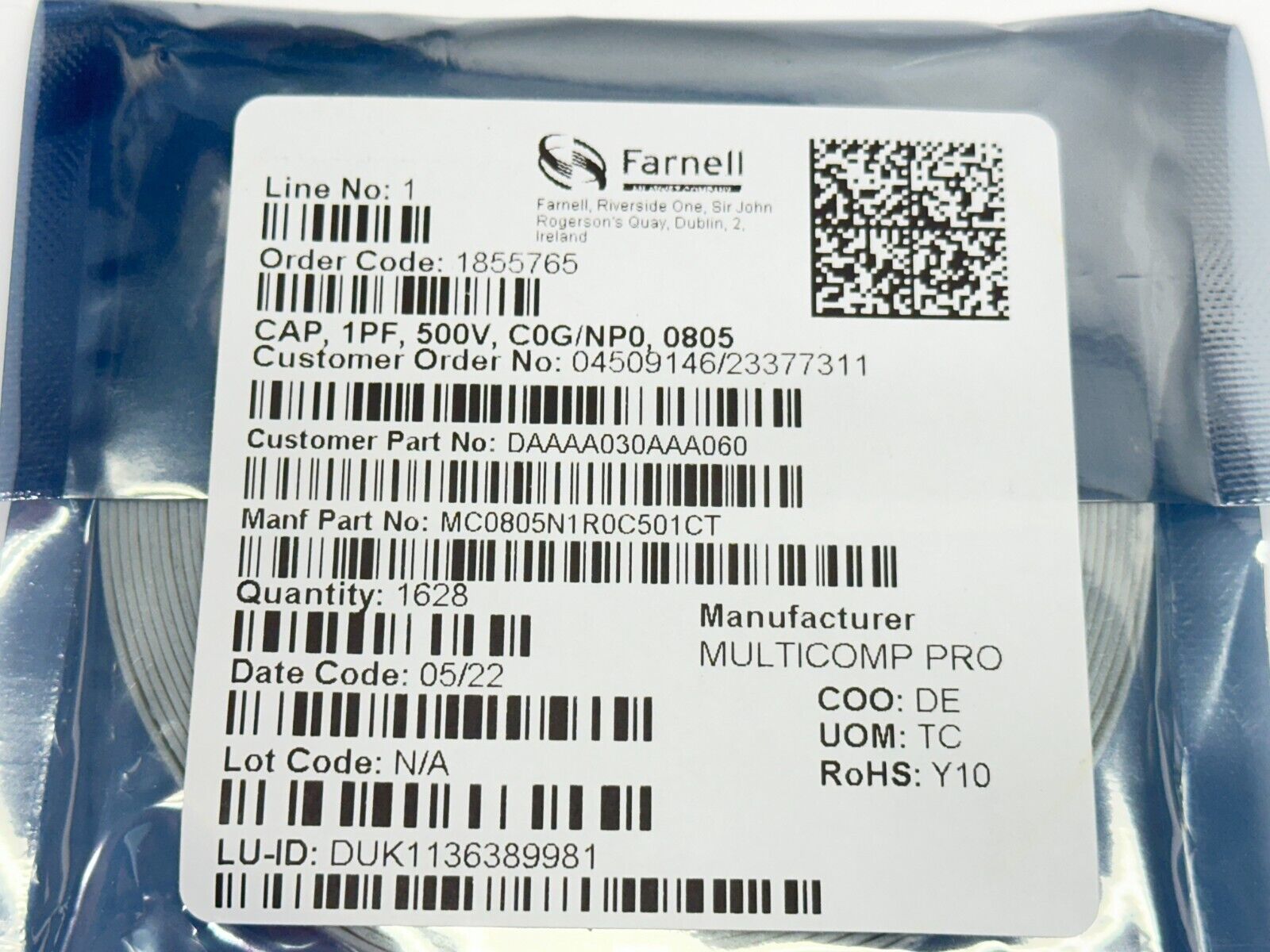 Multicomp Pro MC0805N1R0C501CT SMD Multilayer Capacitor 1pF 500V LOT OF 3990 - Maverick Industrial Sales