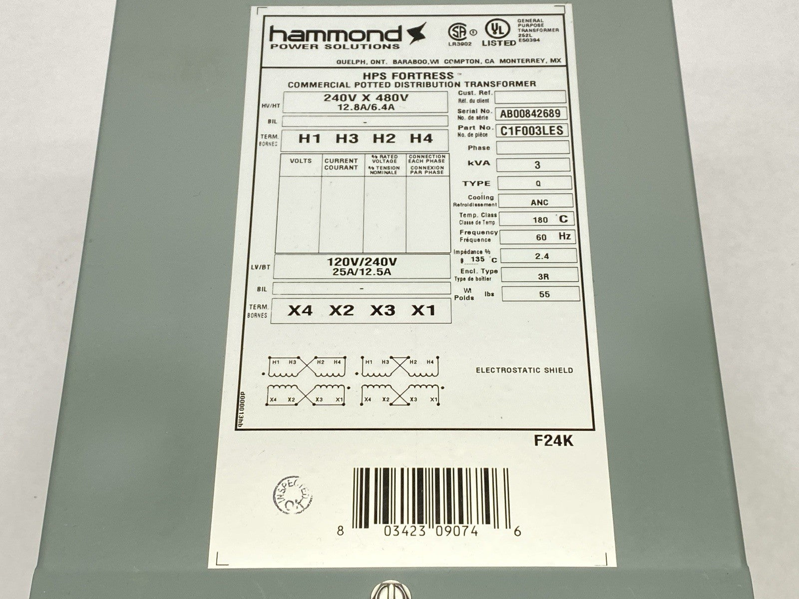 C1F003LES | Hammond General Purpose Transformer 1-Phase 3kVA 240/480VAC 120/240VAC - Used - Maverick Industrial Sales