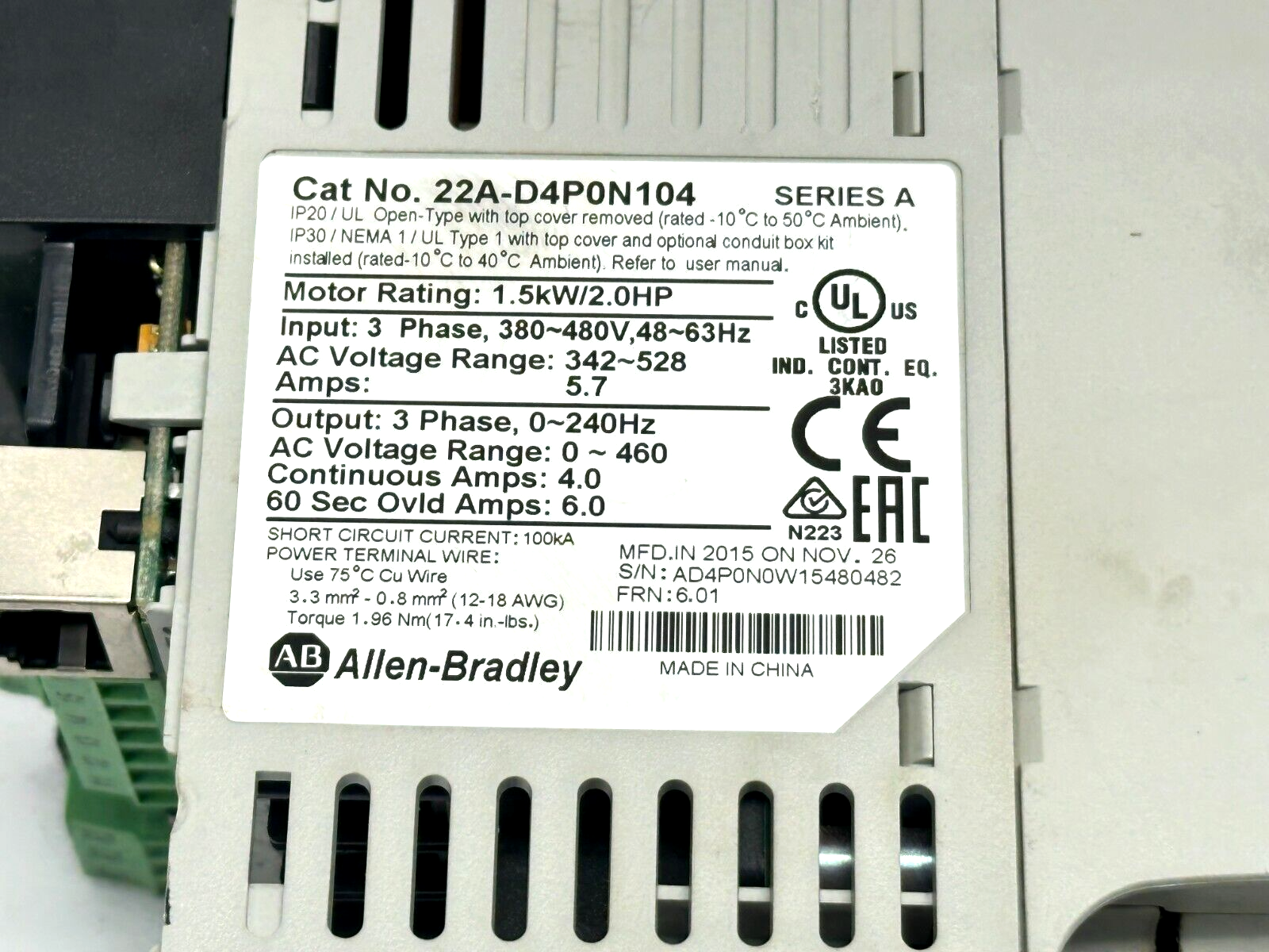 Allen Bradley 22A-D4P0N104 Ser A Powerflex 4 AC Motor Drive 1.5kW 2HP - Maverick Industrial Sales