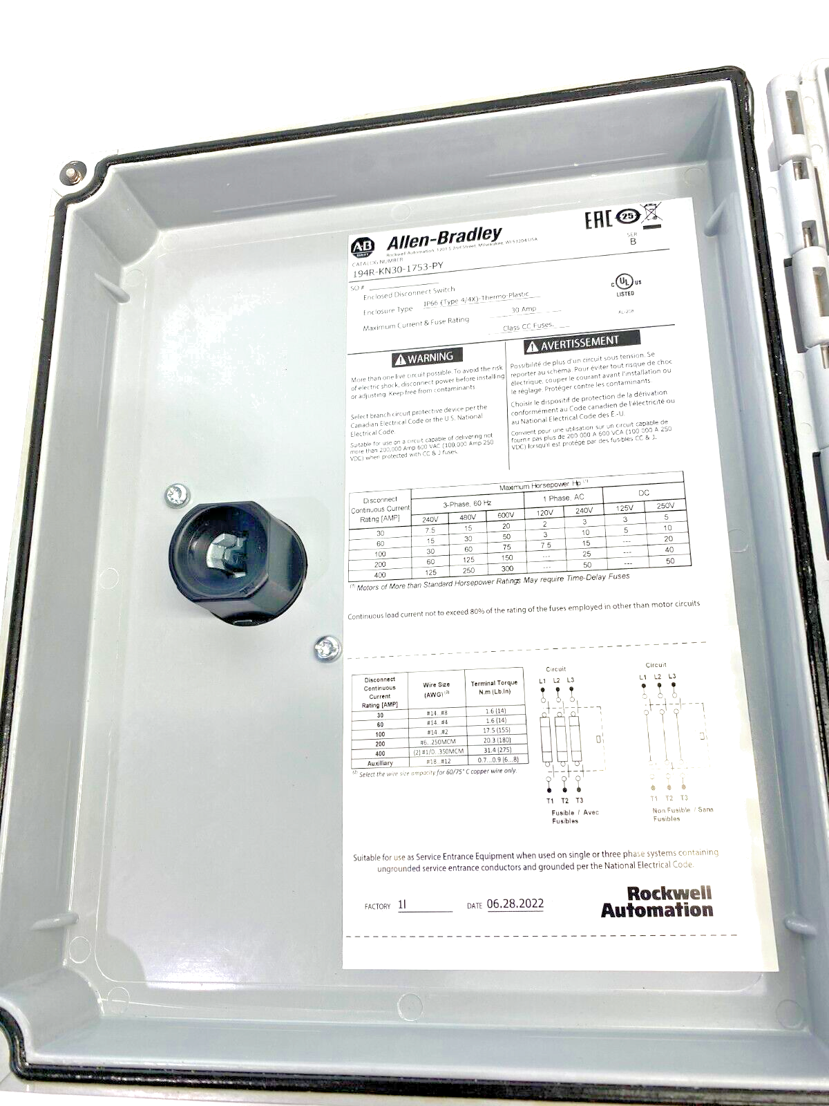 Allen Bradley 194R-KN30-1753-PY Thermoplastic Disconnect Switch Enclosure IP66 - Maverick Industrial Sales