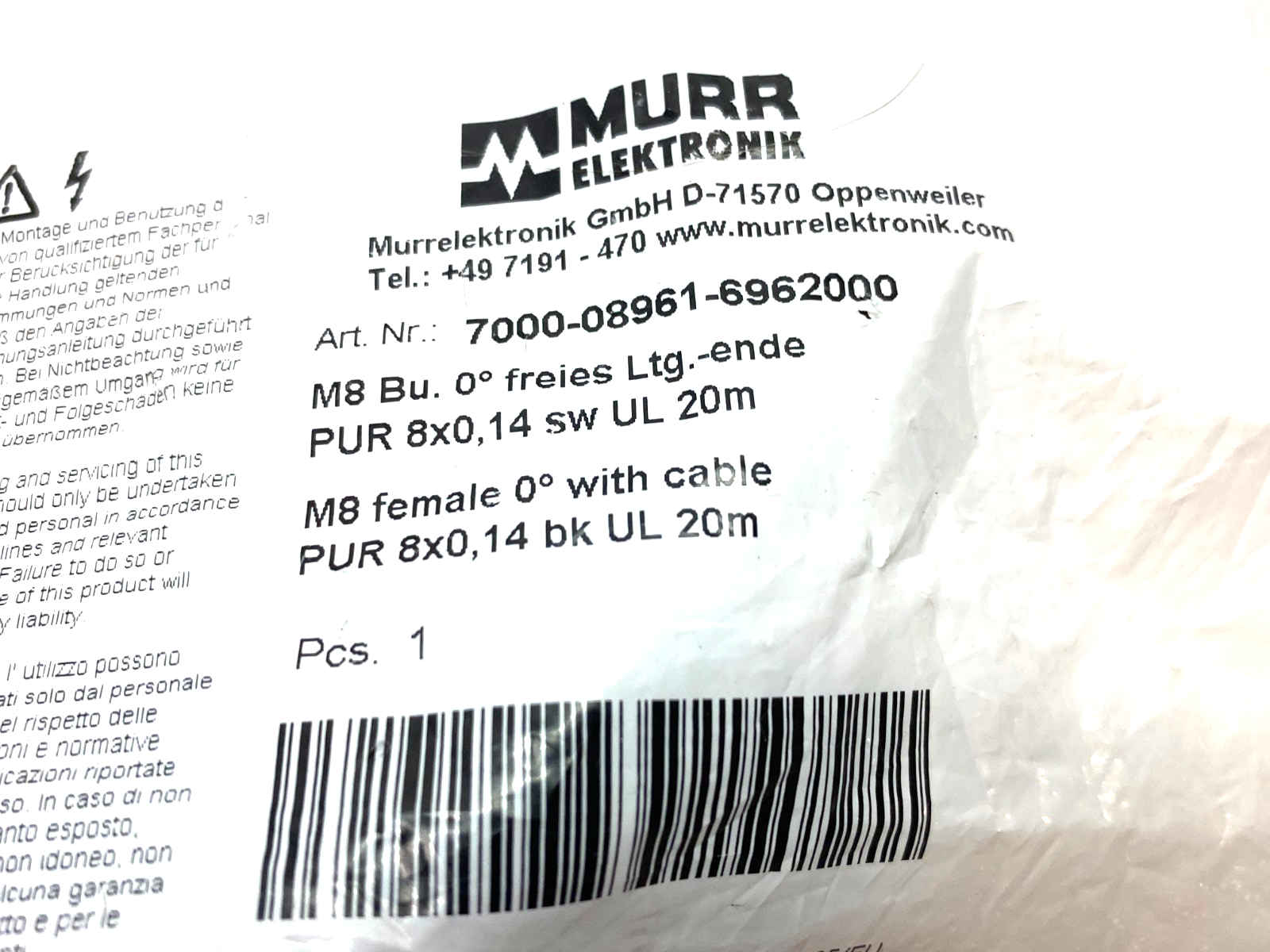 Murrelektronik 7000-08961-6962000 Single Ended M8 Female 0° Cordset 8-Pin 20m - Maverick Industrial Sales