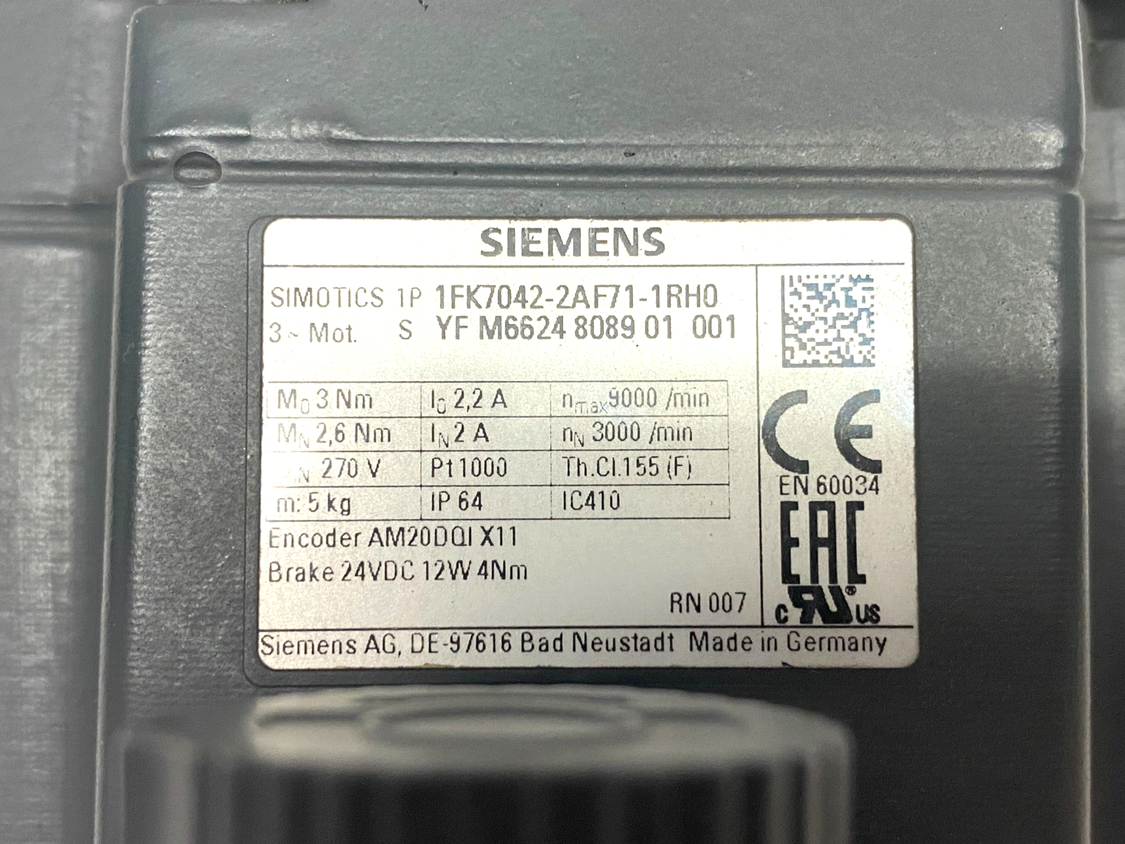 Siemens 1FK7042-2AF71-1RH0 SIMOTICS Synchronous Servo Motor 3AC - Maverick Industrial Sales