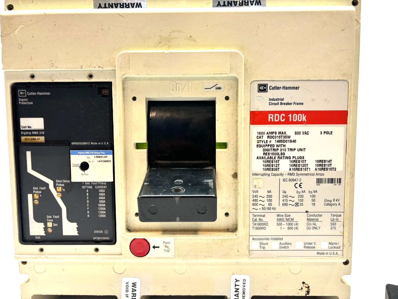 Cutler Hammer RDC316T35W Industrial Circuit Breaker, 1600A, 1485D01G46, RDC 100k - Maverick Industrial Sales