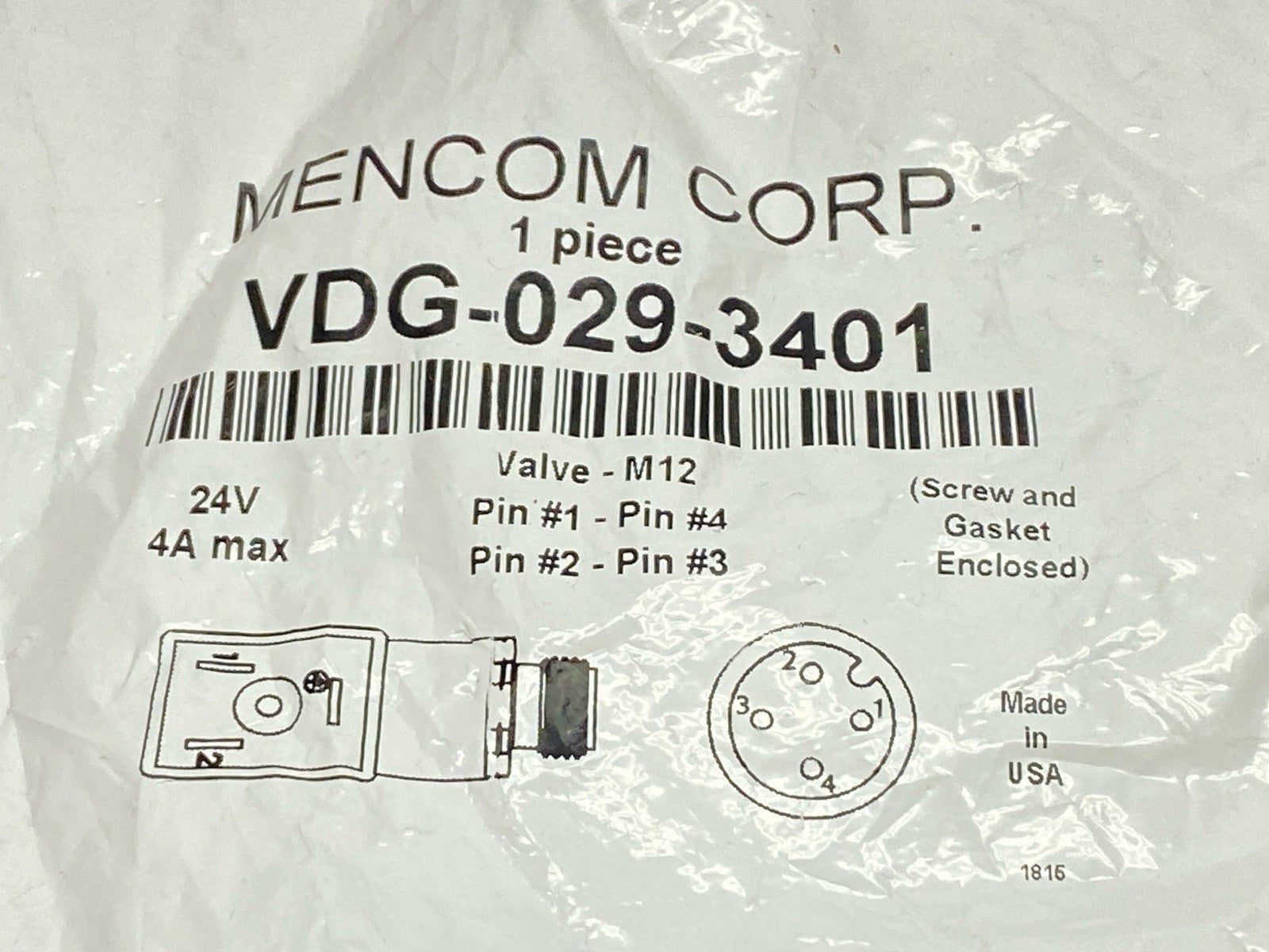 VDG-029-3401 | Mencom Solenoid Valve Adapter M12 4A 24V - New - Maverick Industrial Sales