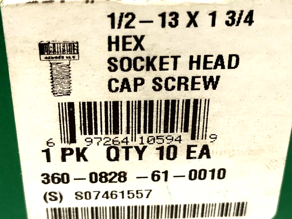 1/2-13 X 1 3/4,10594,360-0828-61-0010 | 1/2"-13 x 1-3/4" Hex Socket Head Cap Screws 10PK 697264105949 LOT OF 2 - New - Maverick Industrial Sales