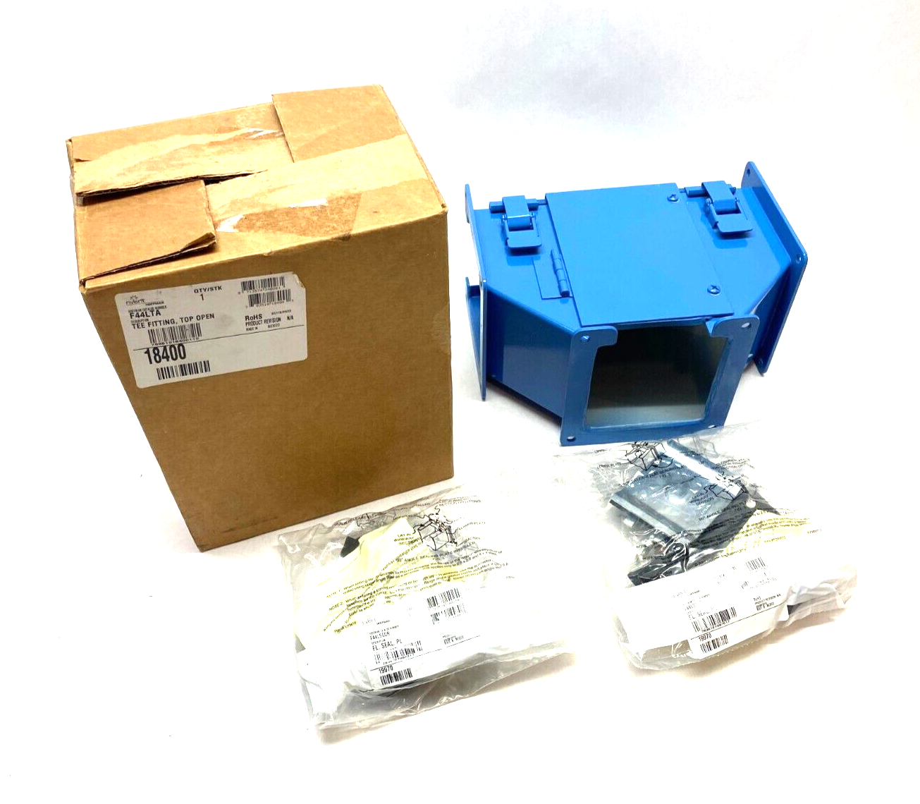 Hoffman F44LTC nVent Lay-In Tee Fitting, Top Out Open Hinged Cover PAINTED BLUE - Maverick Industrial Sales