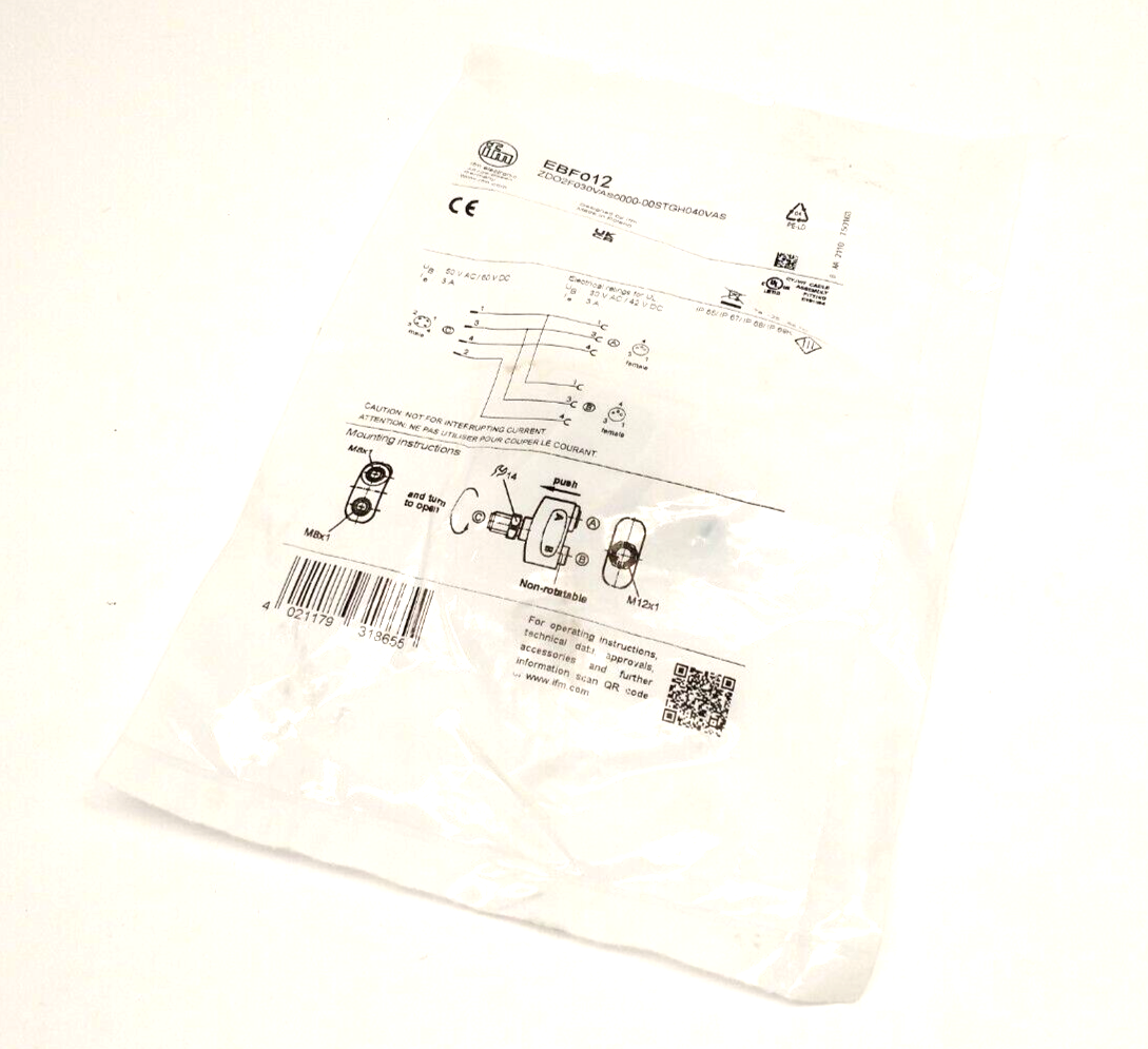 ZDO2F030VAS0000-00STGH040VAS, EBF012 | IFM EBF012 Y/T Splitter Connector M12 To M8 ZDO2F030VAS0000-00STGH040VAS - New - Maverick Industrial Sales