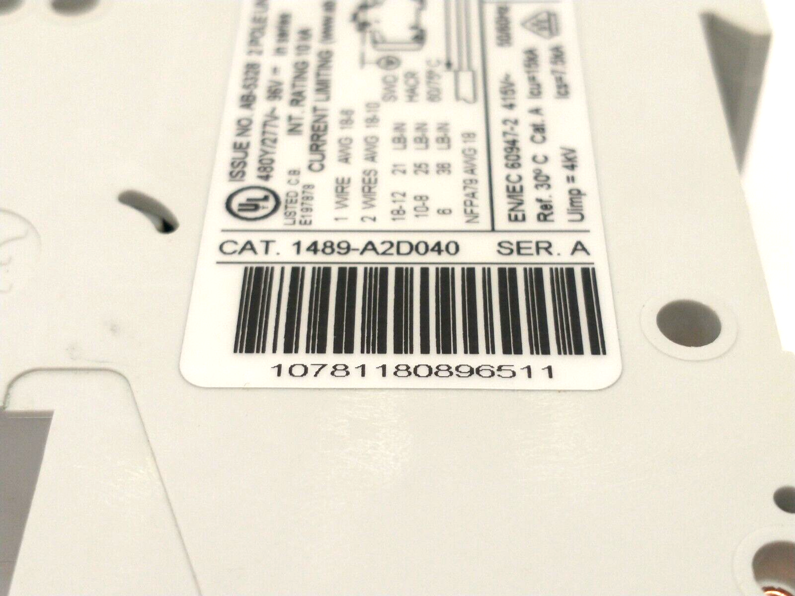 Allen Bradley 1489-A2D040 Ser. A Miniature Circuit Breaker 2P 480Y/277V 4A - Maverick Industrial Sales