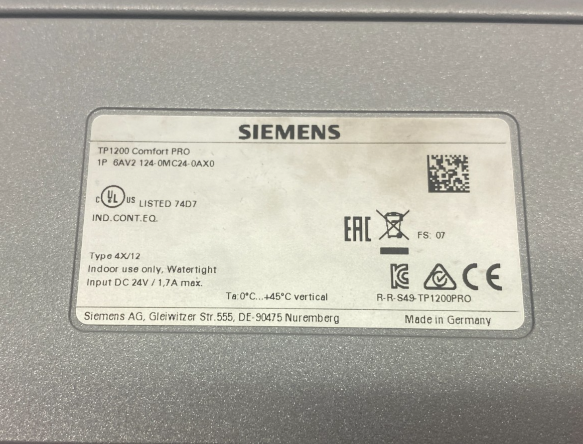 Siemens 6AV2 124-0MC24-0AX0 SIMATIC HMI TP1200 Comfort Pro 12" Touchscreen - Maverick Industrial Sales