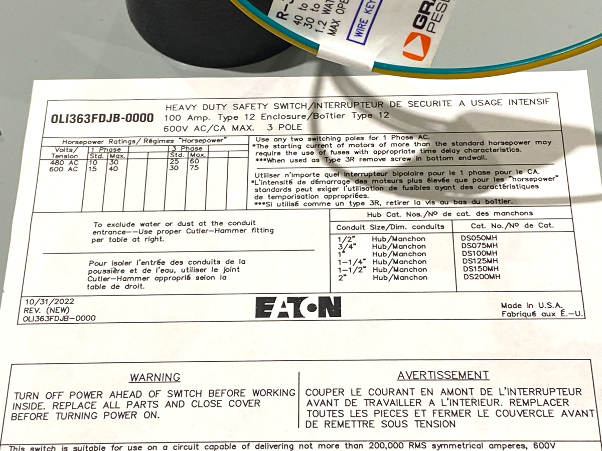 OLI363FDJB-0000 | Eaton OEM Line Isolation Safety Switch 600V 100A PAINTED BLUE - For parts or not working - Maverick Industrial Sales