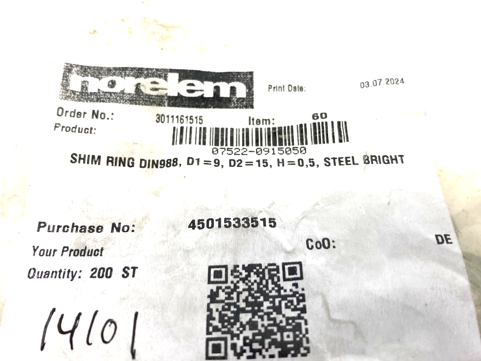 Norelem 07522-0915050 Shim Ring DIN988 D1=9, D2=15, H=0,5 PKG OF 200 - Maverick Industrial Sales