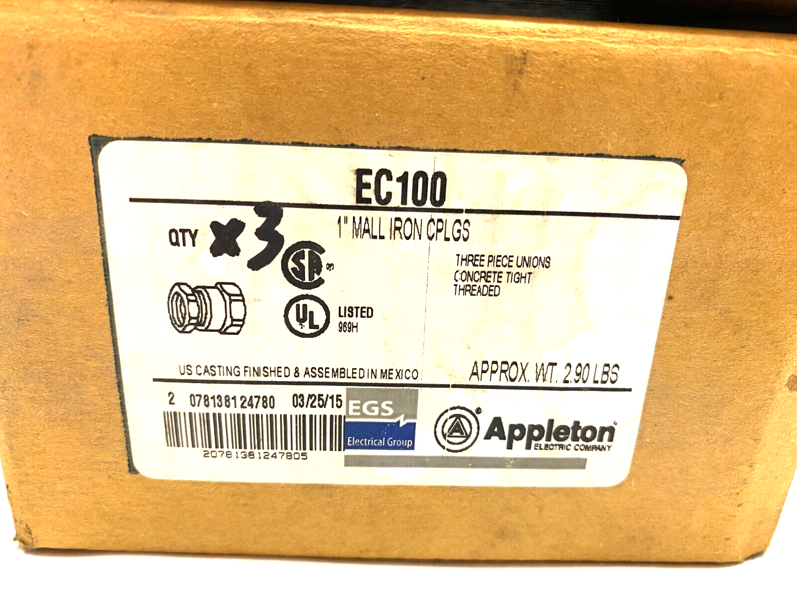 EGS Appleton EC100 Rigid Conduit 3-Piece Union 1" Mall Iron Coupling PKG OF 3 - Maverick Industrial Sales