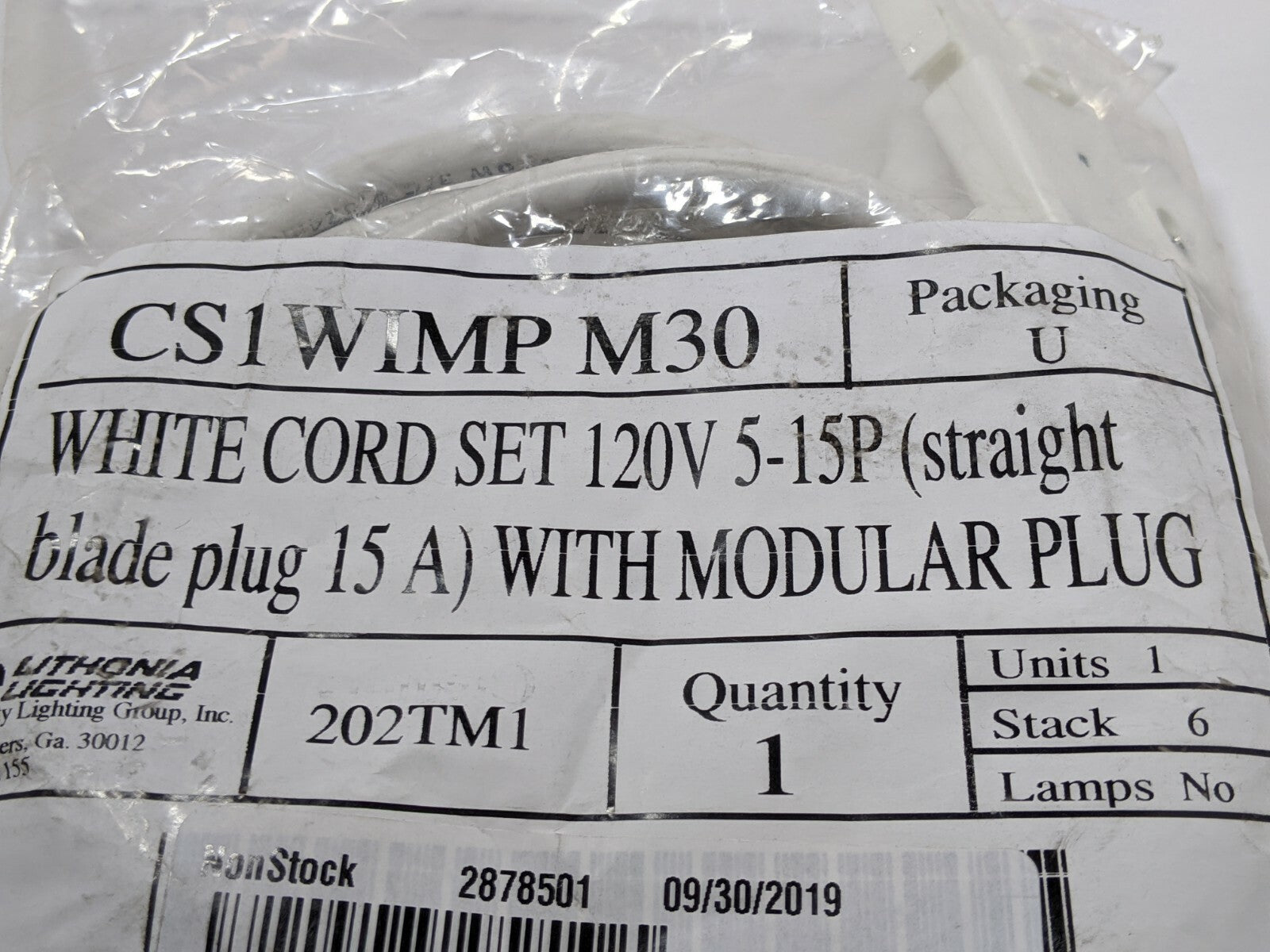 Lithonia Lighting CS1WIMP M30 White Cord Set 120V 5-15P Straight Blade Plug 15 - Maverick Industrial Sales